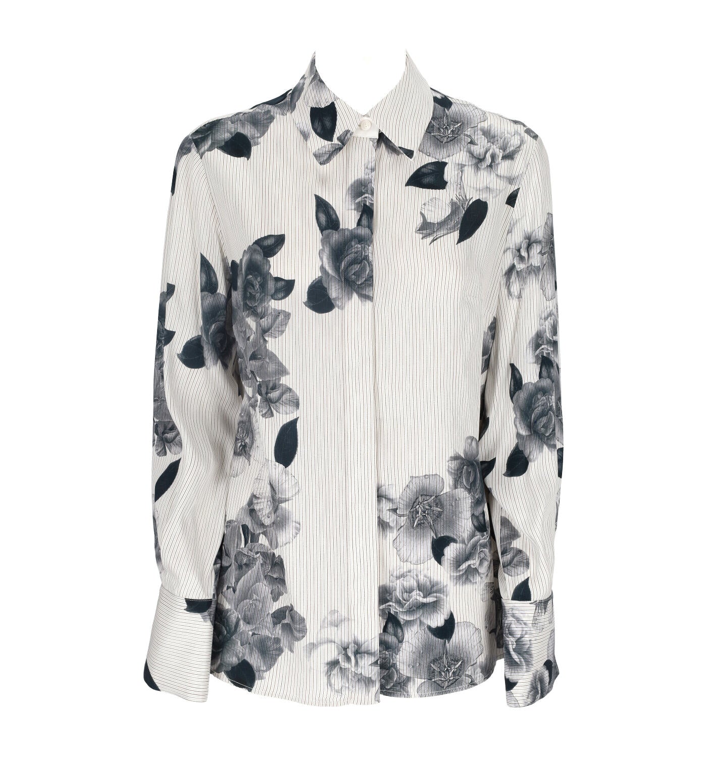 Camicia a fantasia righe e fiori , manica lunga con bottoni .