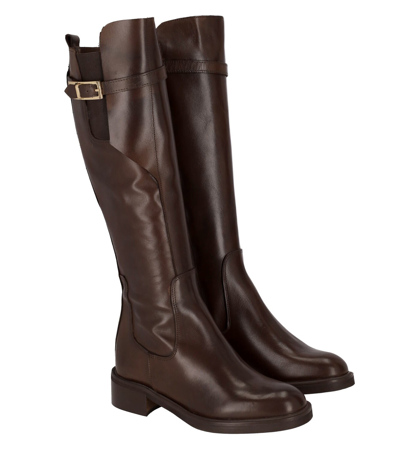 Stivale in pelle con elastico e fibbia sul polpaccio , tacco altezza 4 cm .