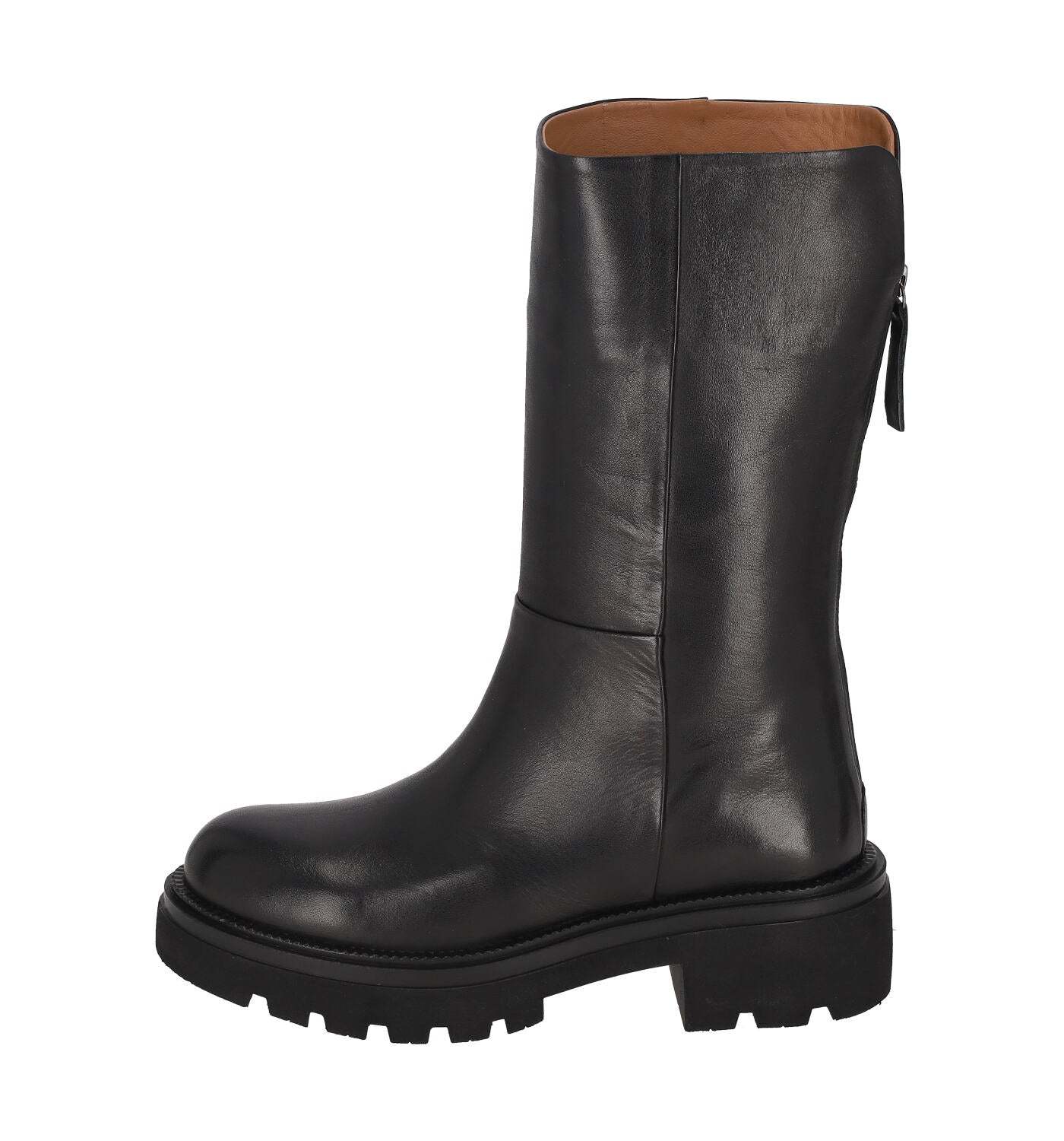 Anfibio in pelle con zip su retro , suola in gomma .