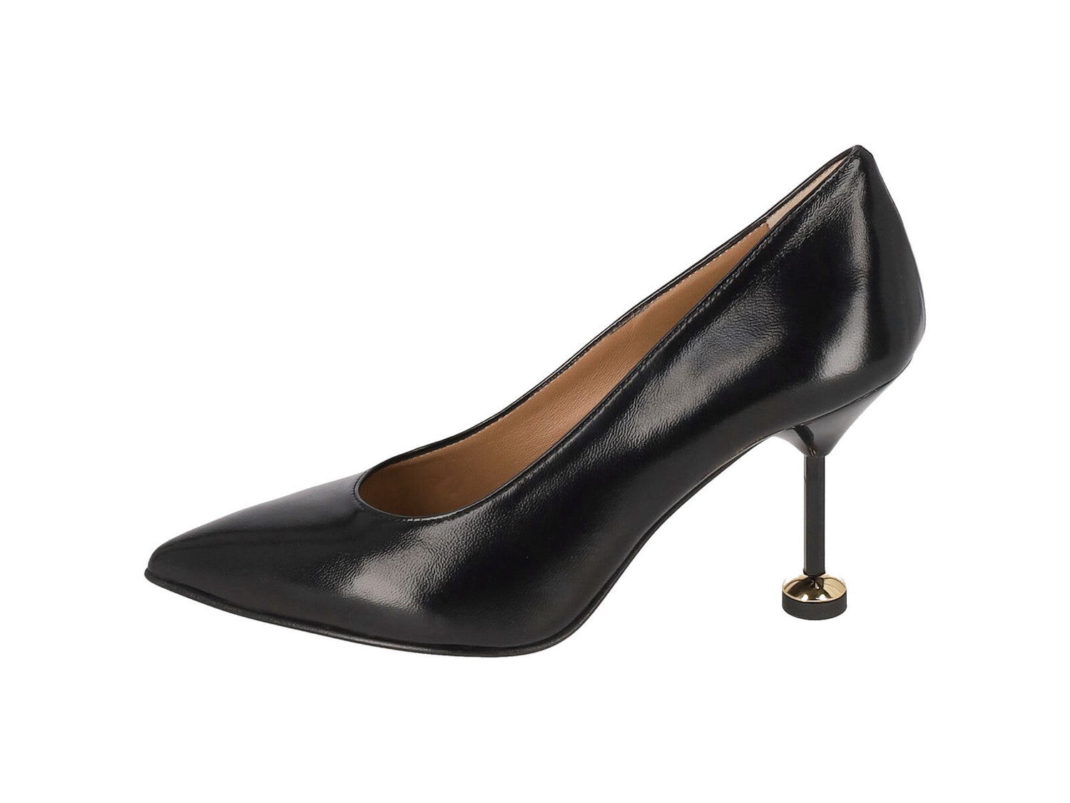 Decolletè in pelle nera , tacco sottile con bottone oro sul fondo altezza 8 cm