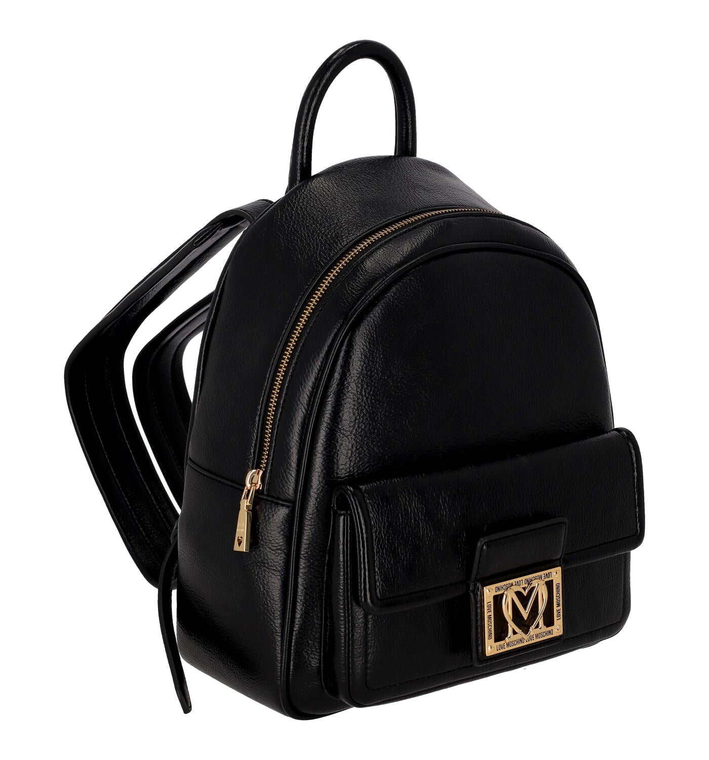 Zaino con tasca sul davanti e logo oro, spallacci regolabili e chiusura con zip.