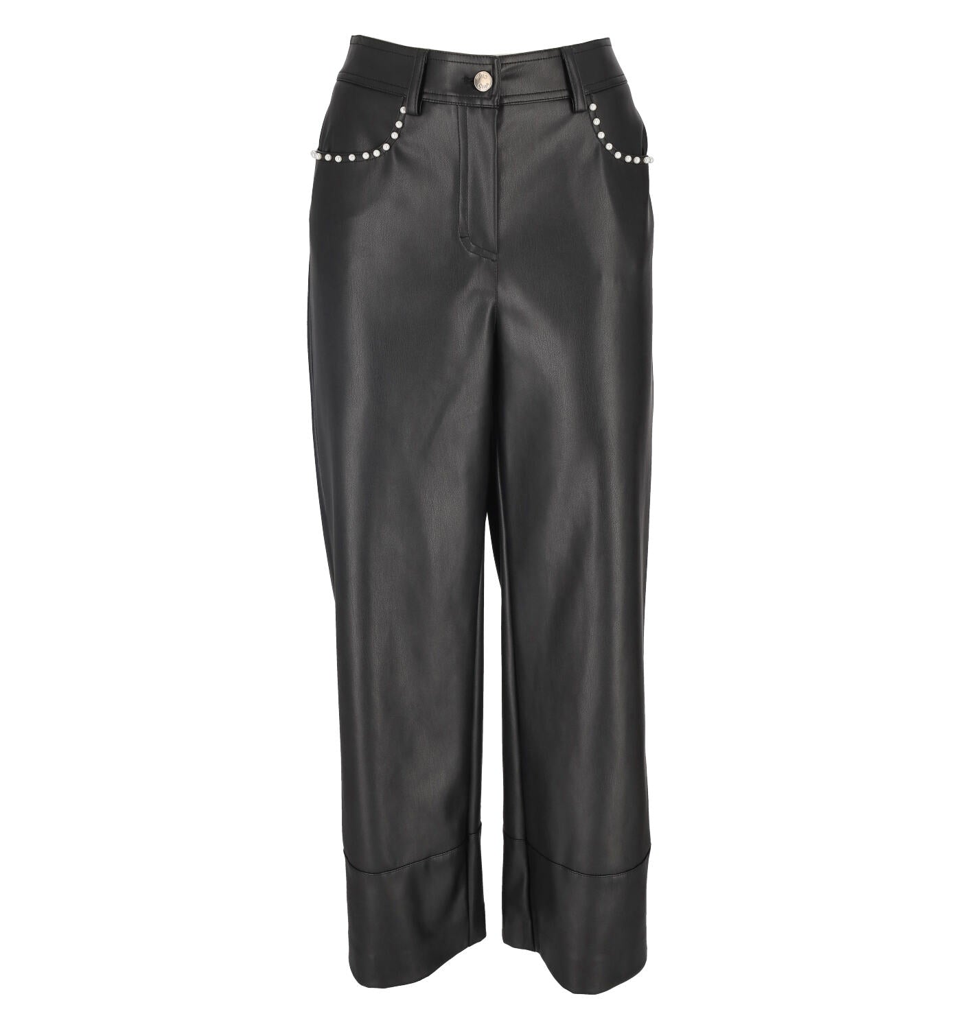 Pantalone palazzo in ecopelle con perline sule tasche