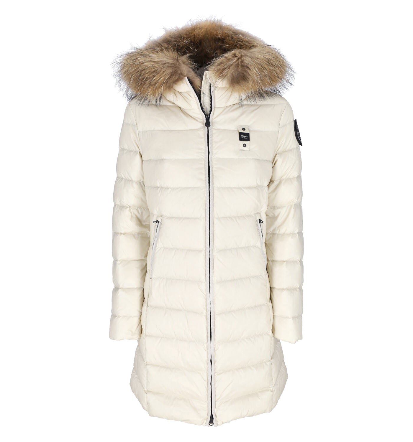 Piumino lungo con cappuccio in pelliccia , chiusura con zip.