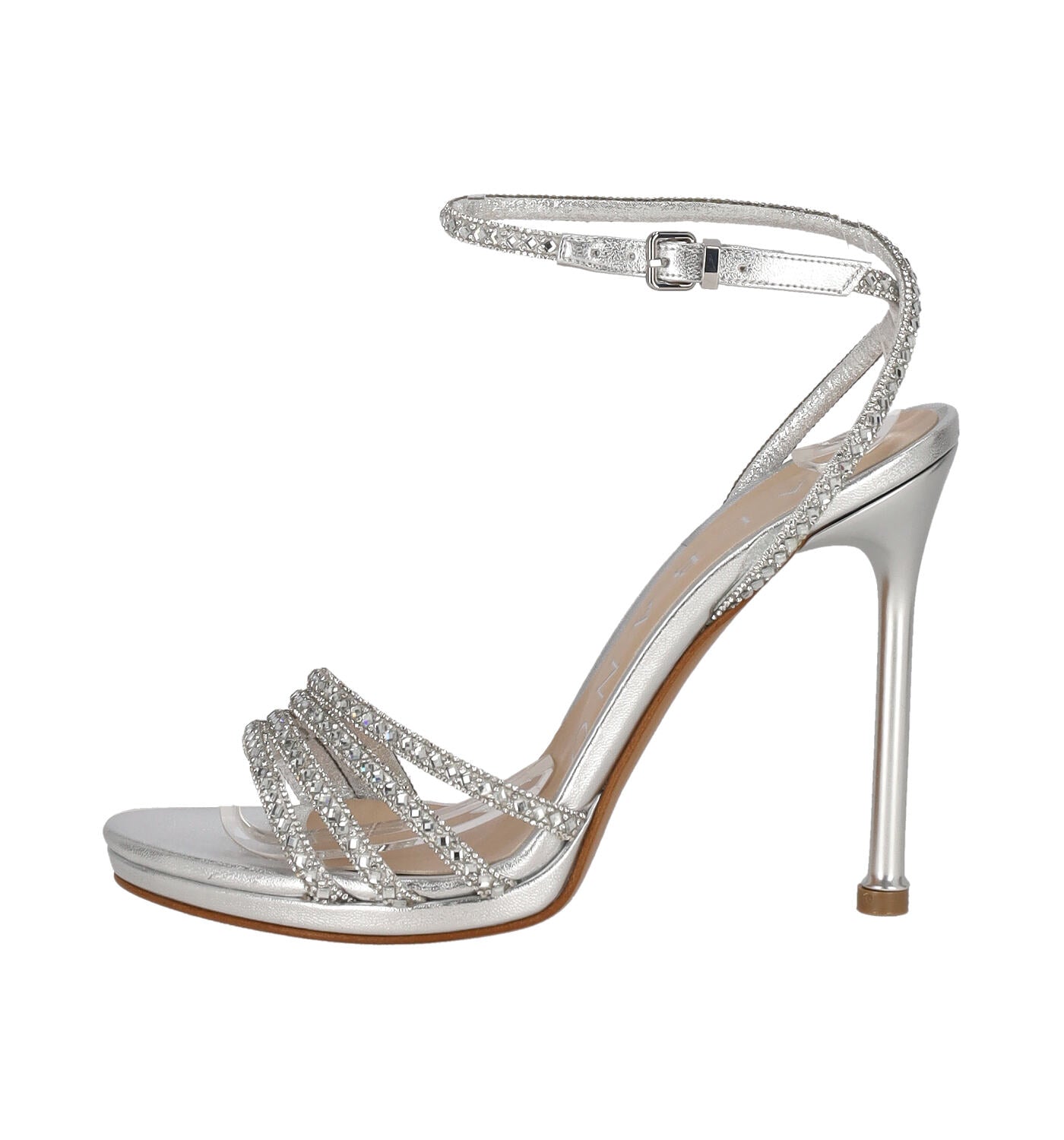 Sandalo soft metal fascette con strass, tacco alto 10 cm