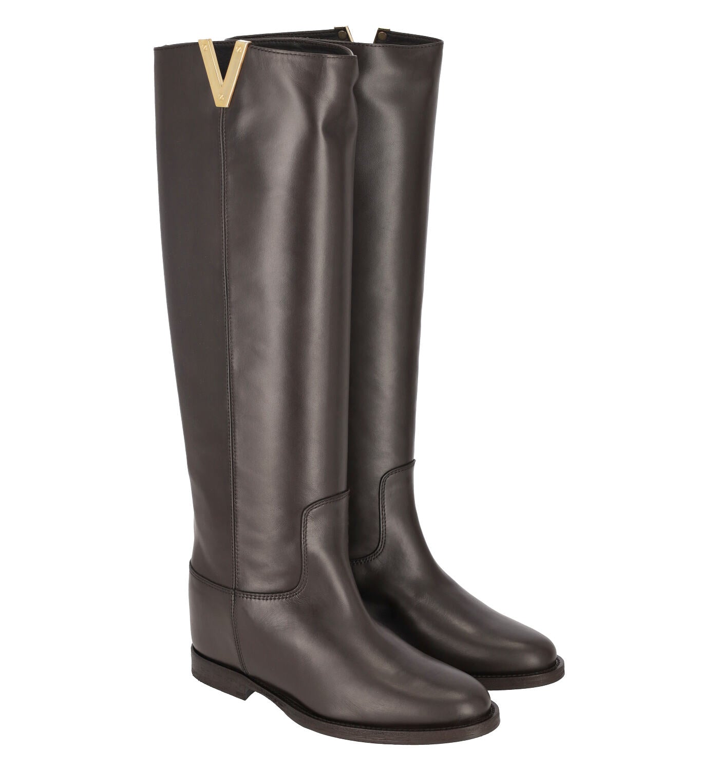 Stivale in pelle con logo V sui lati, zeppa interna alta 8cm