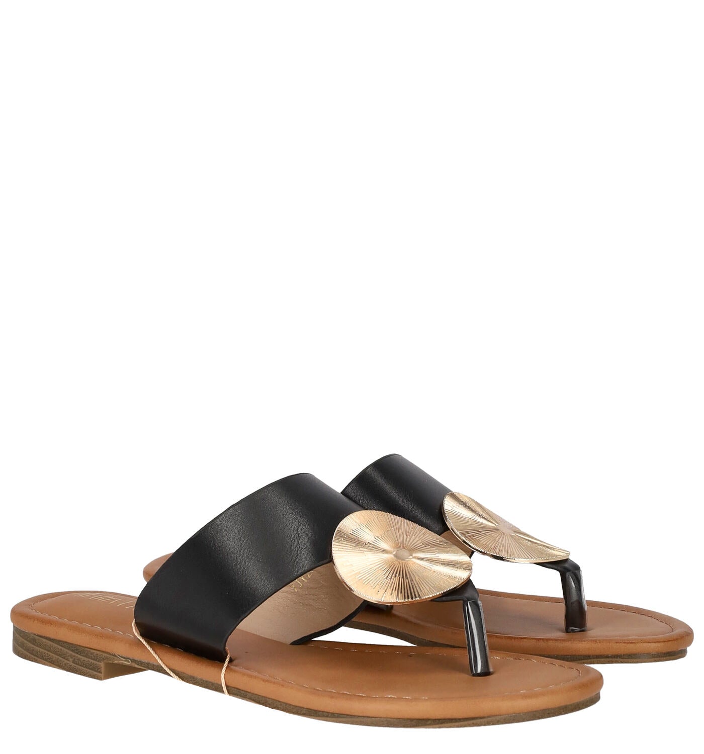 Scalzato infradito una fascia con cerchio oro, tacco alto 2 cm
