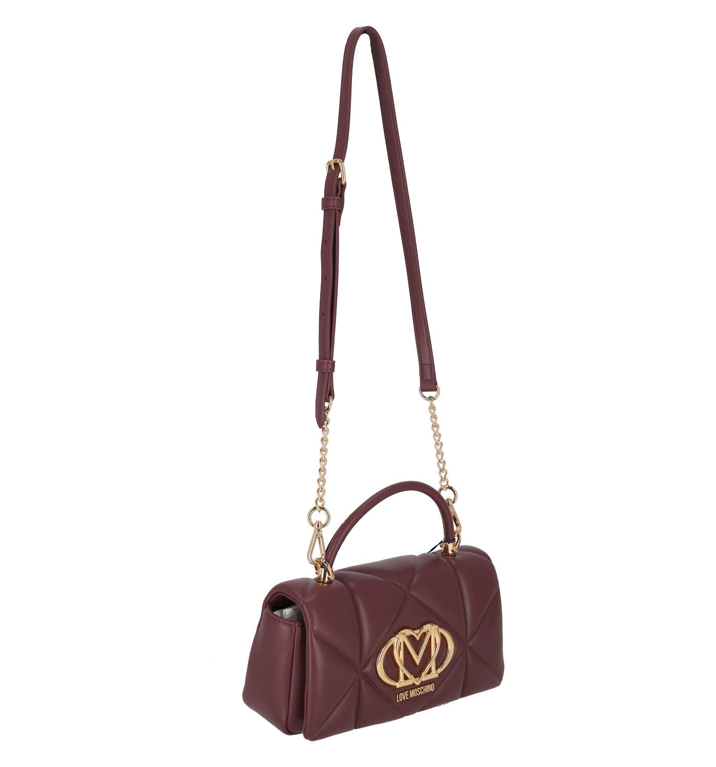 Tracolla trapuntata con patta e logo oro , manico corto e tracolla lunga regolabile .