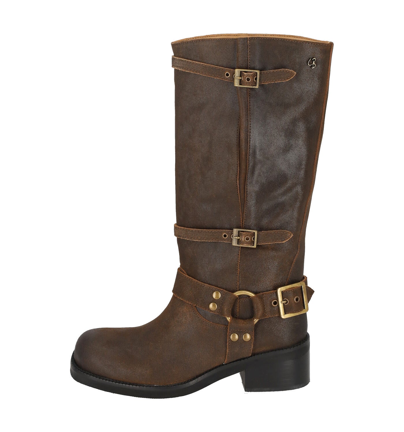 Stivale biker con tacco alto 4cm in pelle invecchiata con fibbie