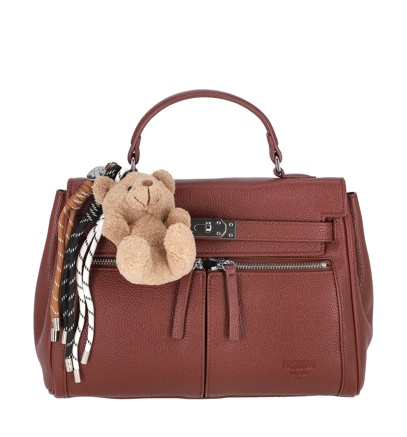 Borsa bauletto con due tasche frontali a zip, chiusura a patta con tracolla regolabile