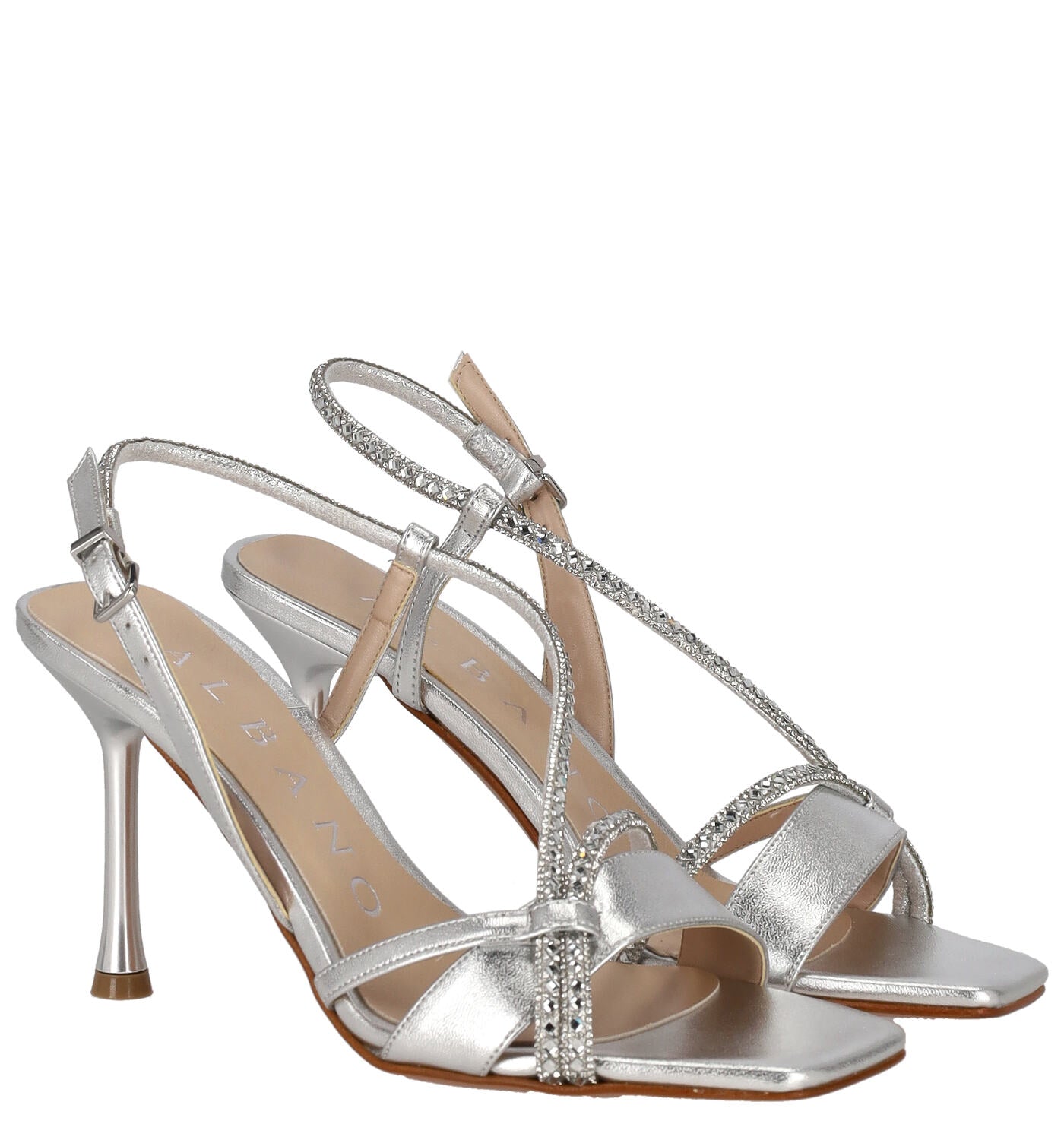 Sandalo forma quadra soft metal con strass, tacco alto 8 cm