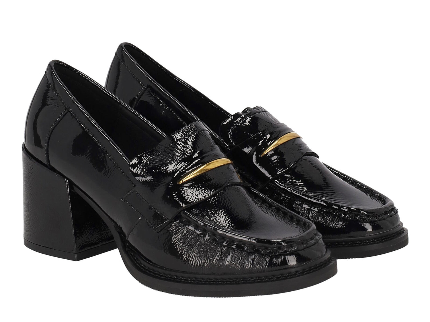 Decollètè mocassino in naplak con morsetto oro , tacco largo altezza 6 cm .