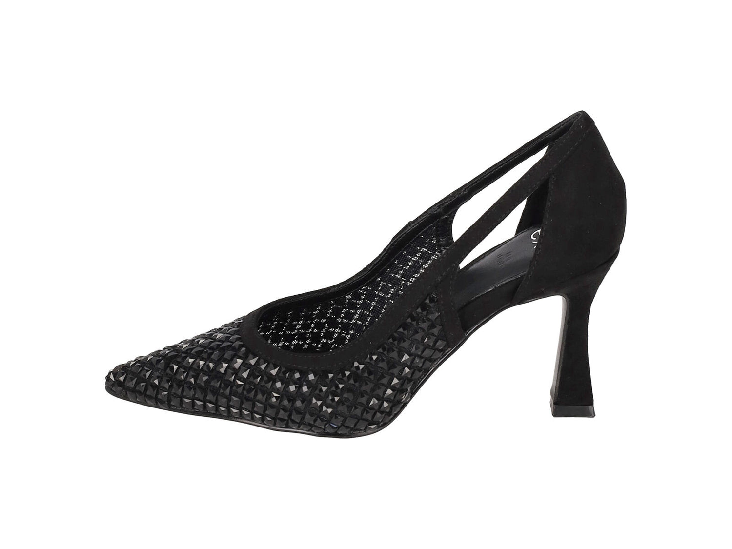 Decolleté in camoscio e rete con strass , tacco altezza 8 cm .