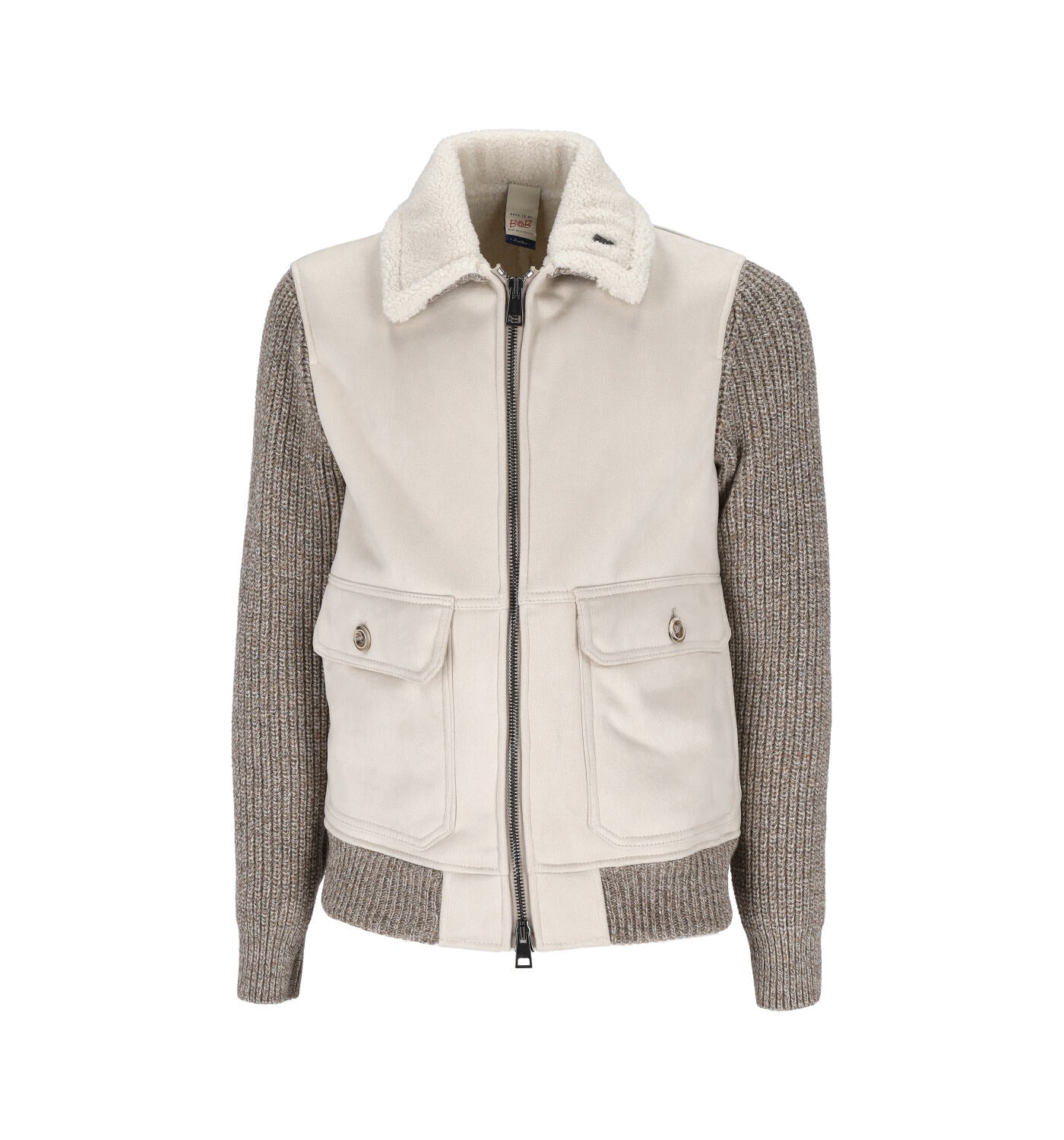 Giacca con zip e tasconi sul davanti , tessuto scamosciato e maniche in lana .