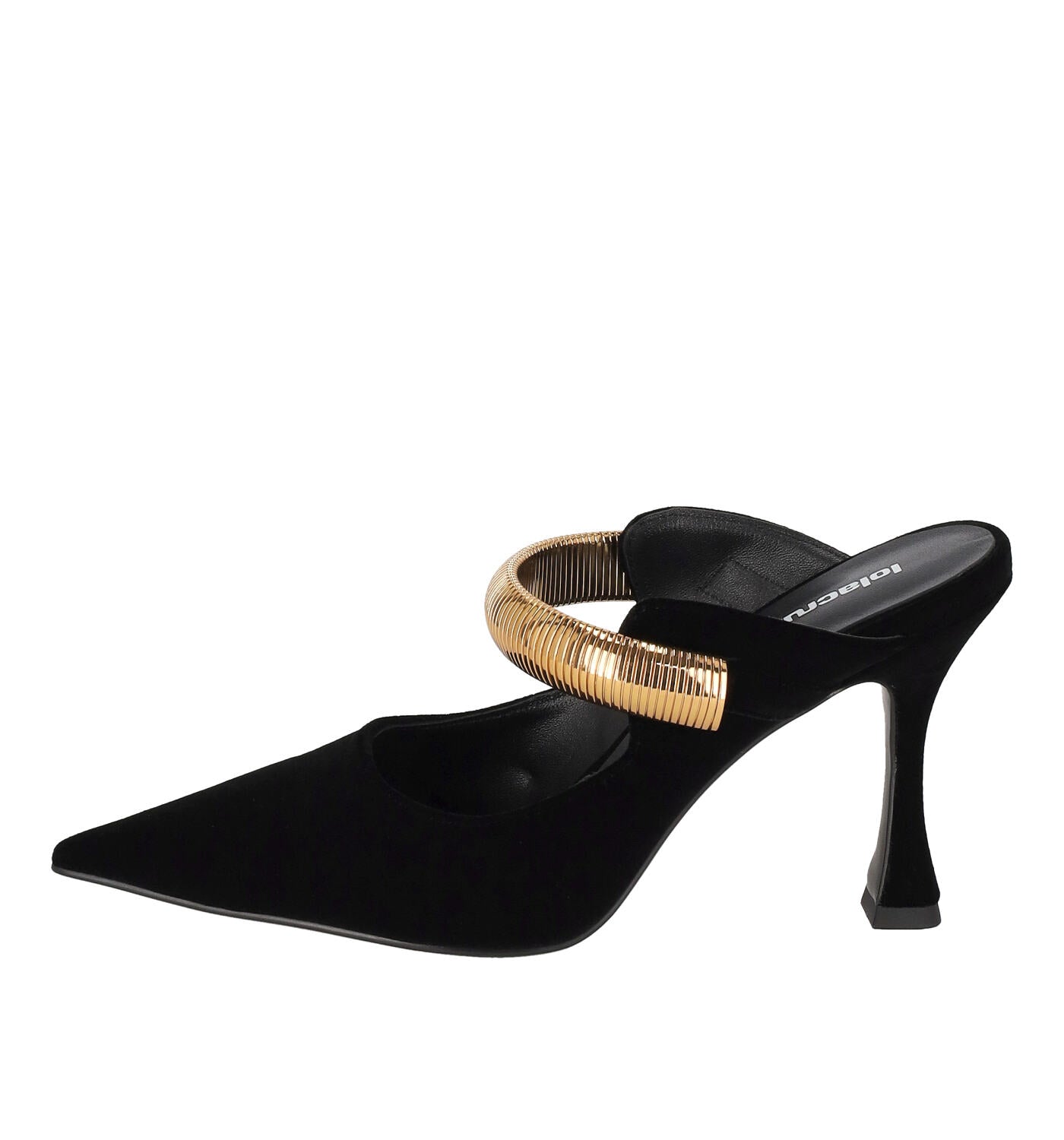 Sabot in velluto con cinturino oro, tacco 10 cm