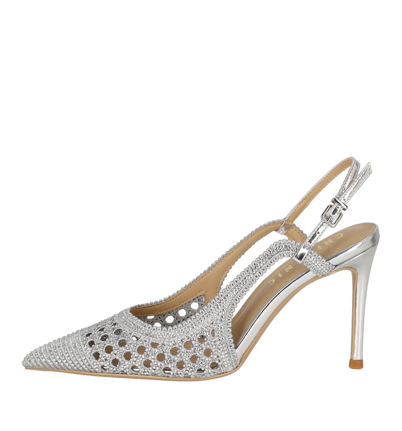 Chanel traforato in tessuto e strass, tacco alto 9 cm