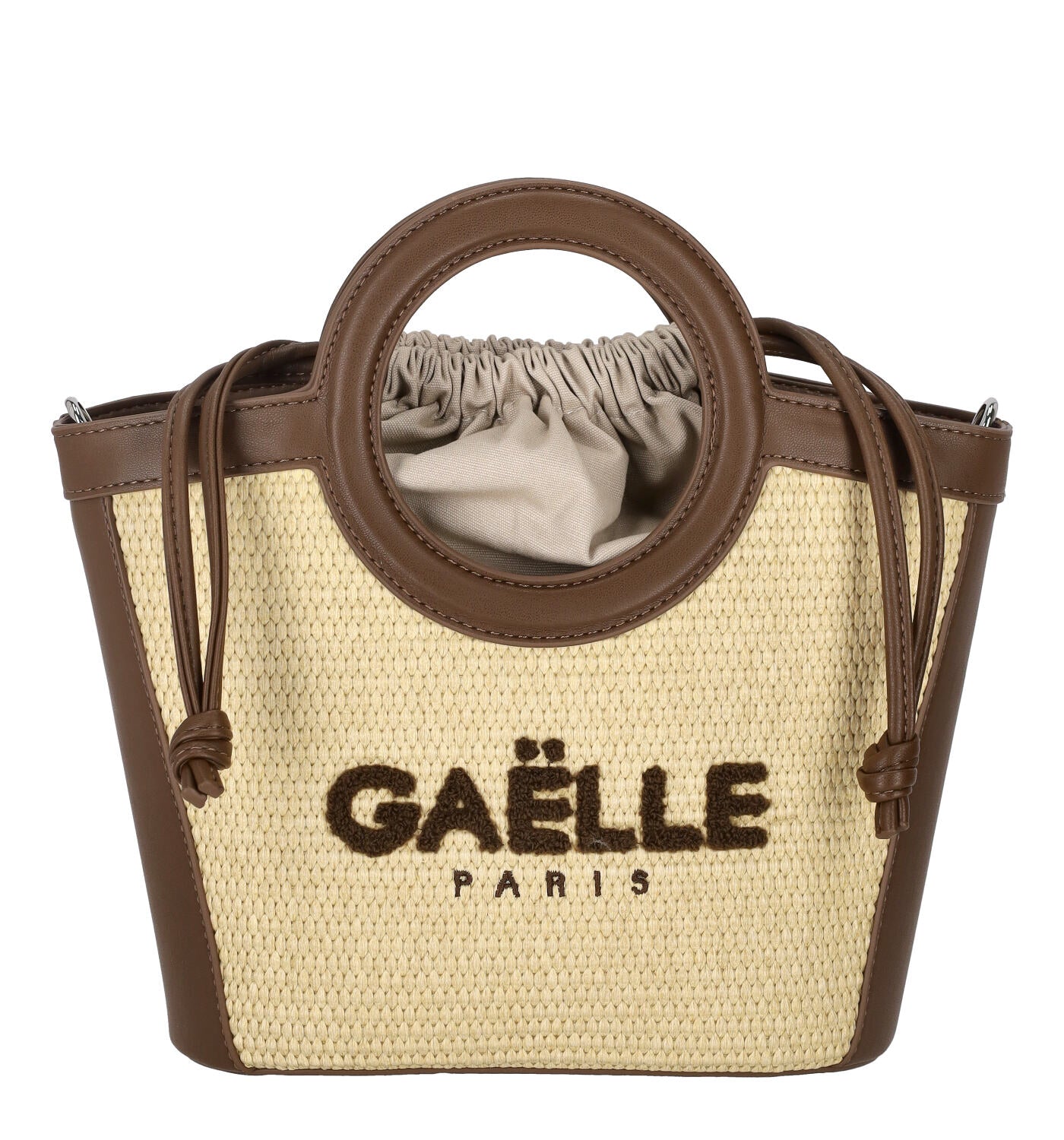 Borsa piccola in rafia con coulisse manici ovali e tracolla