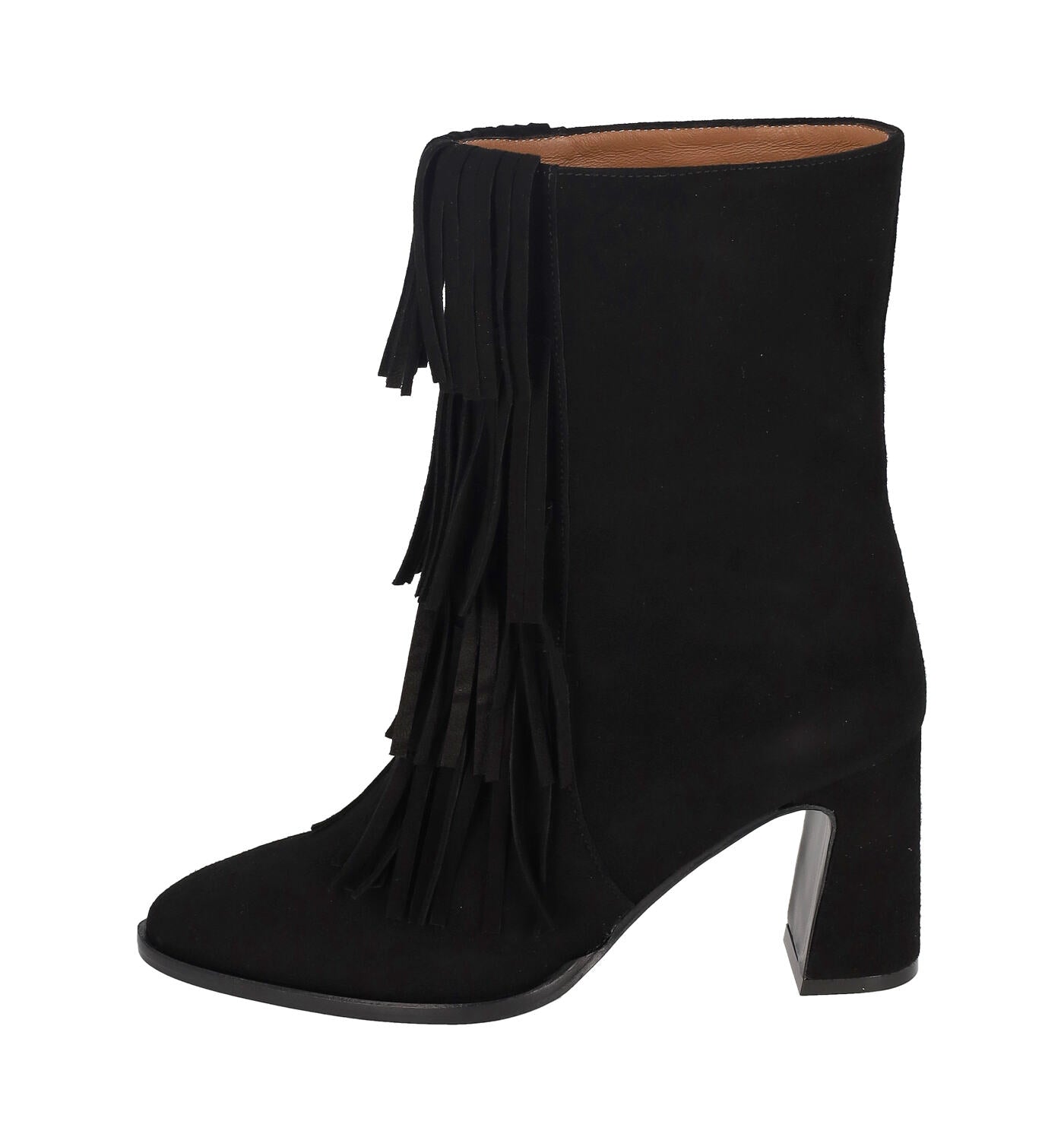 Tronchetto in camoscio con frange , tacco altezza 8 cm.