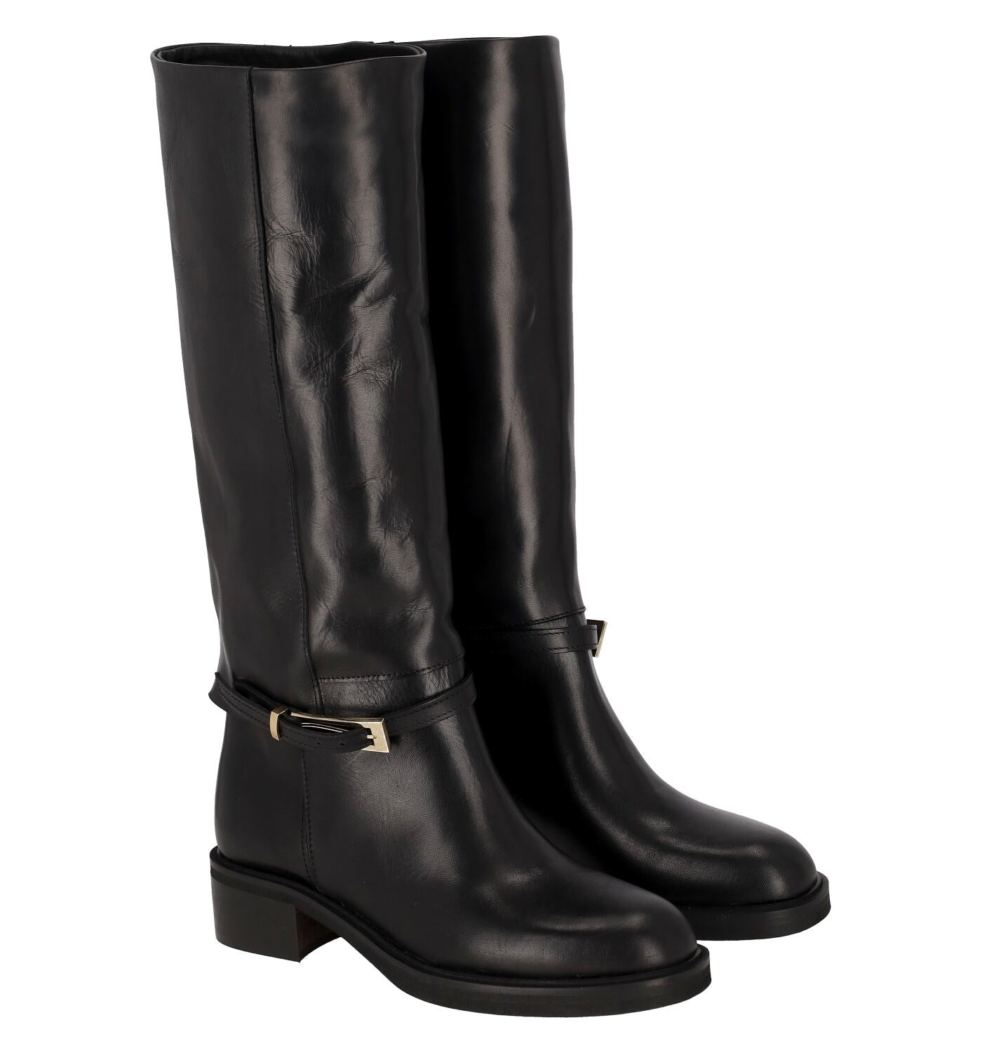 Stivale in pelle con finto risvolto e fibbia alla caviglia , tacco altezza 4 cm.