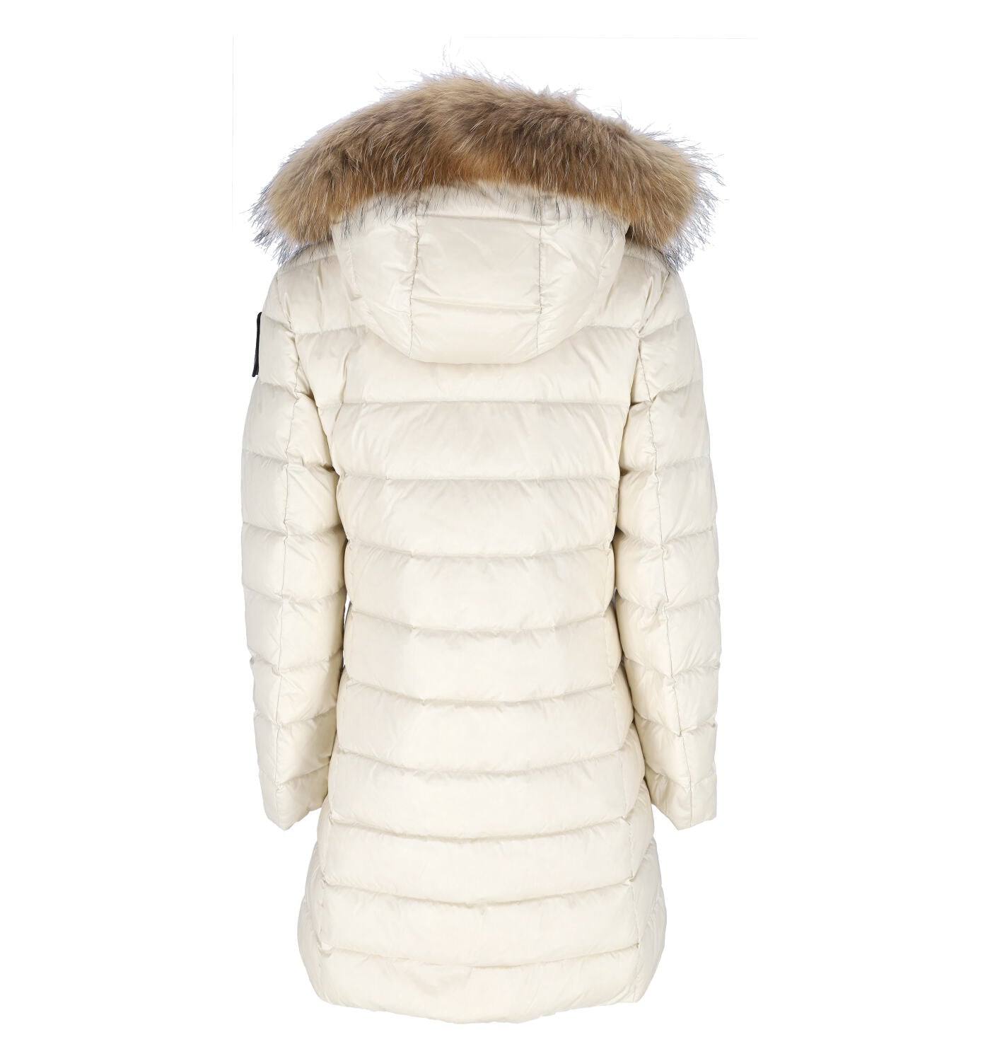 Piumino lungo con cappuccio in pelliccia , chiusura con zip.