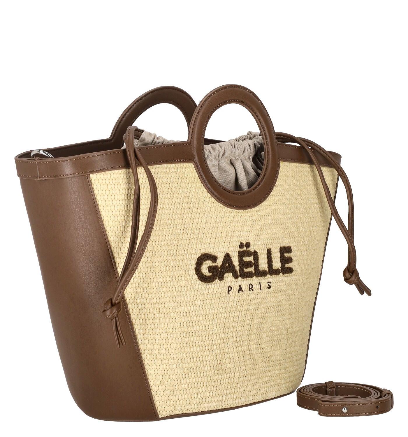 Borsa in rafia con coulisse manici ovali e tracolla