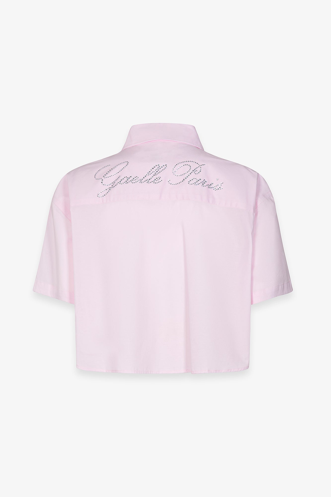 Camicia corta mezza manica in popeline di cotone con logo in strass sul retro