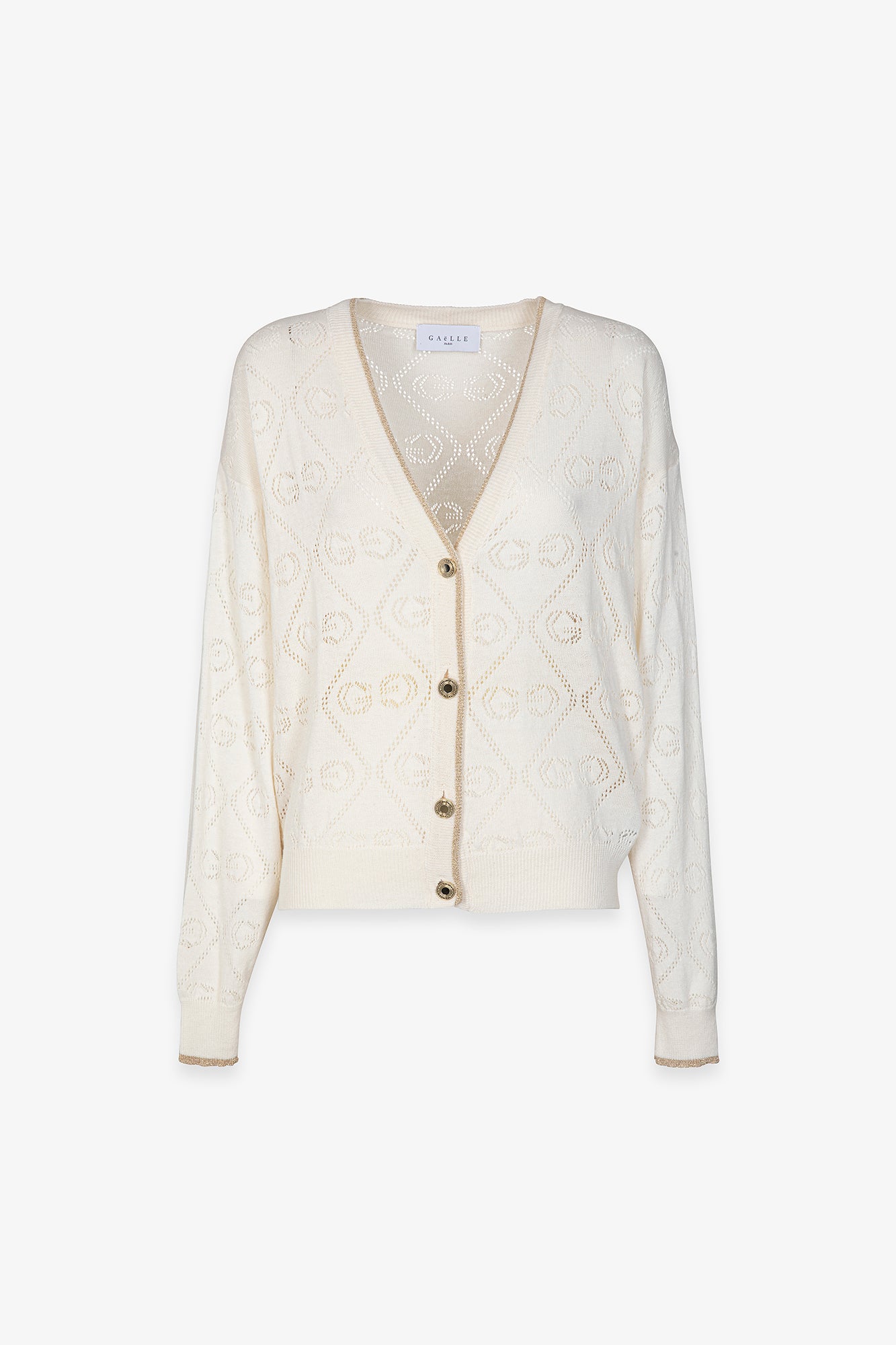Cardigan maniche lunghe in maglia traforata con bottoni oro