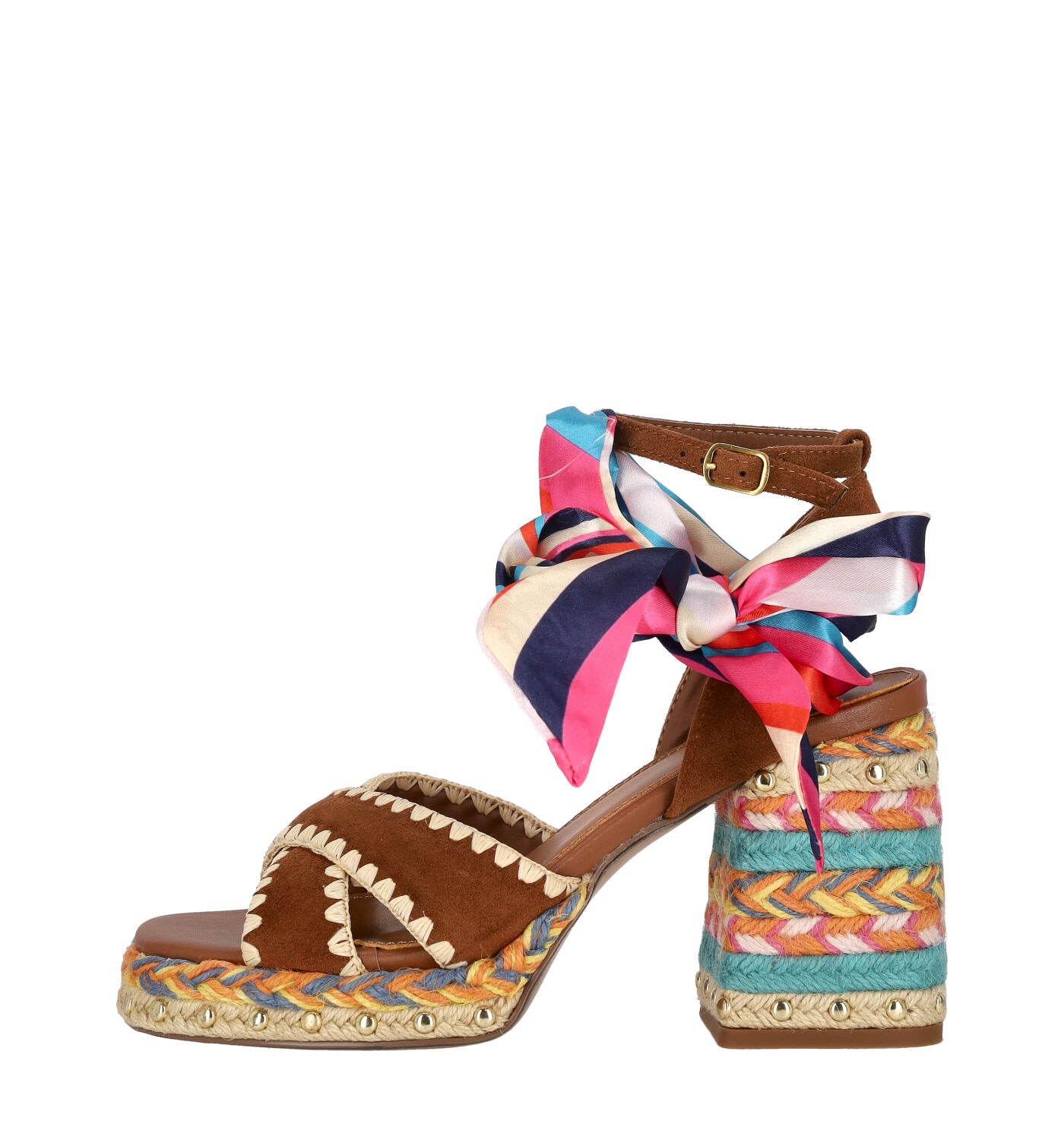 Sandalo in camoscio e tacco largo corda multicolor, tacco plateau 10 cm HAVANA