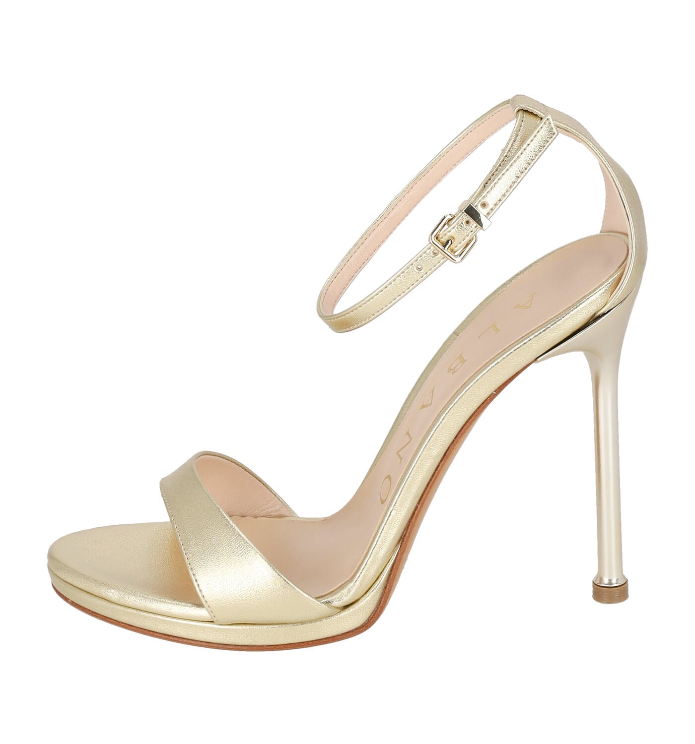 Sandalo in soft metal con cinturino alla caviglia, tacco alto 10 cm