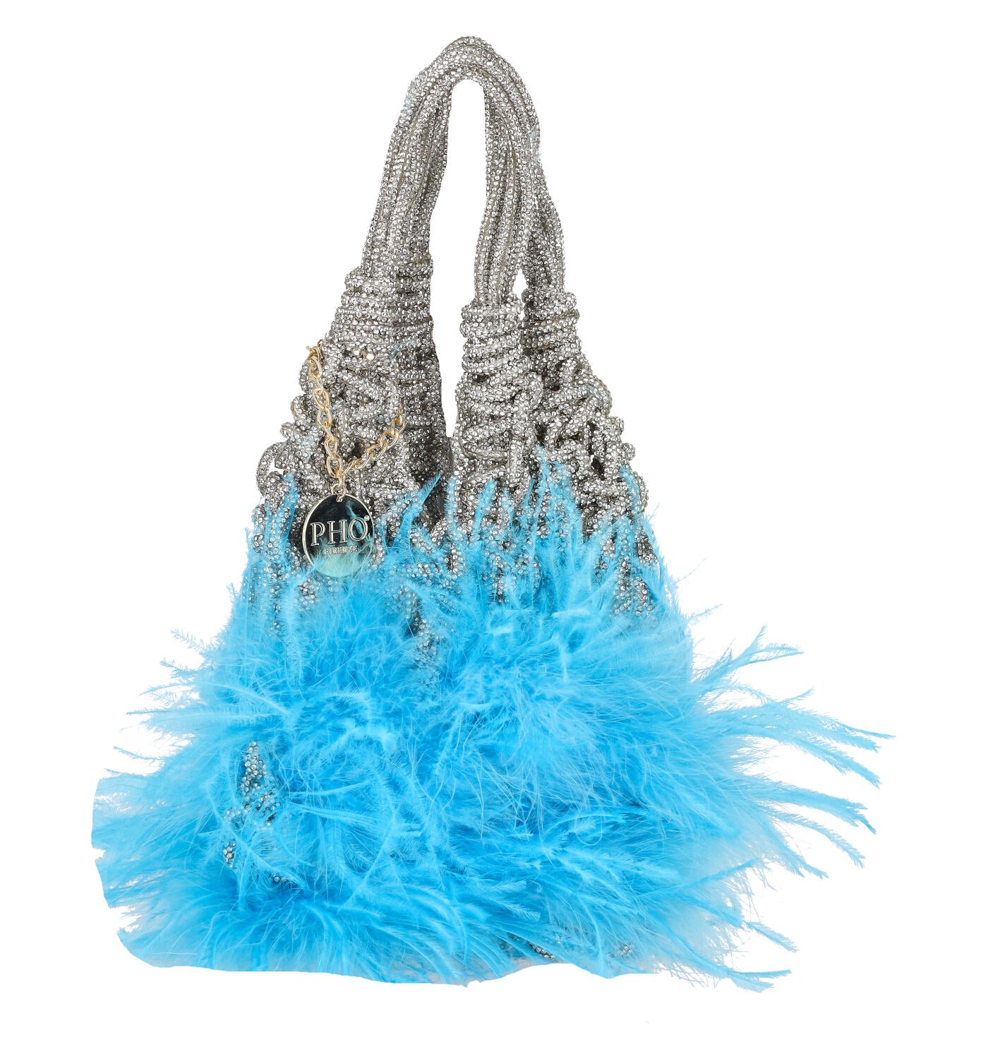 Borsa a mano intrecciata con strass e piume