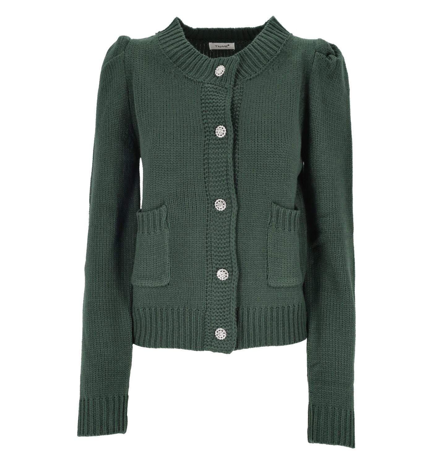 Cardigan in lana con bottoni swarovski e maniche a sbuffo