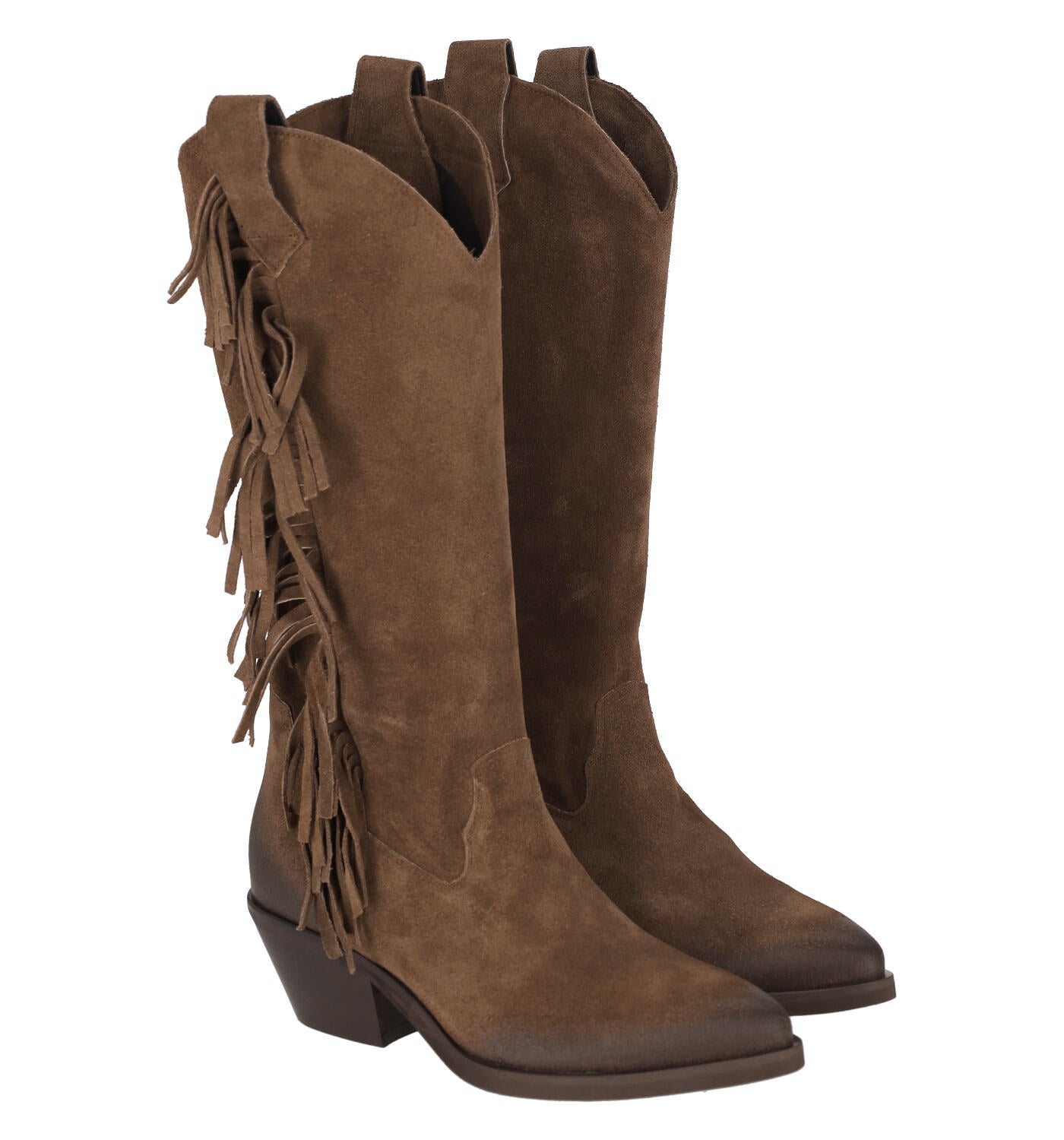 Stivale texano in camoscio con frange, tacco altezza 5 cm .