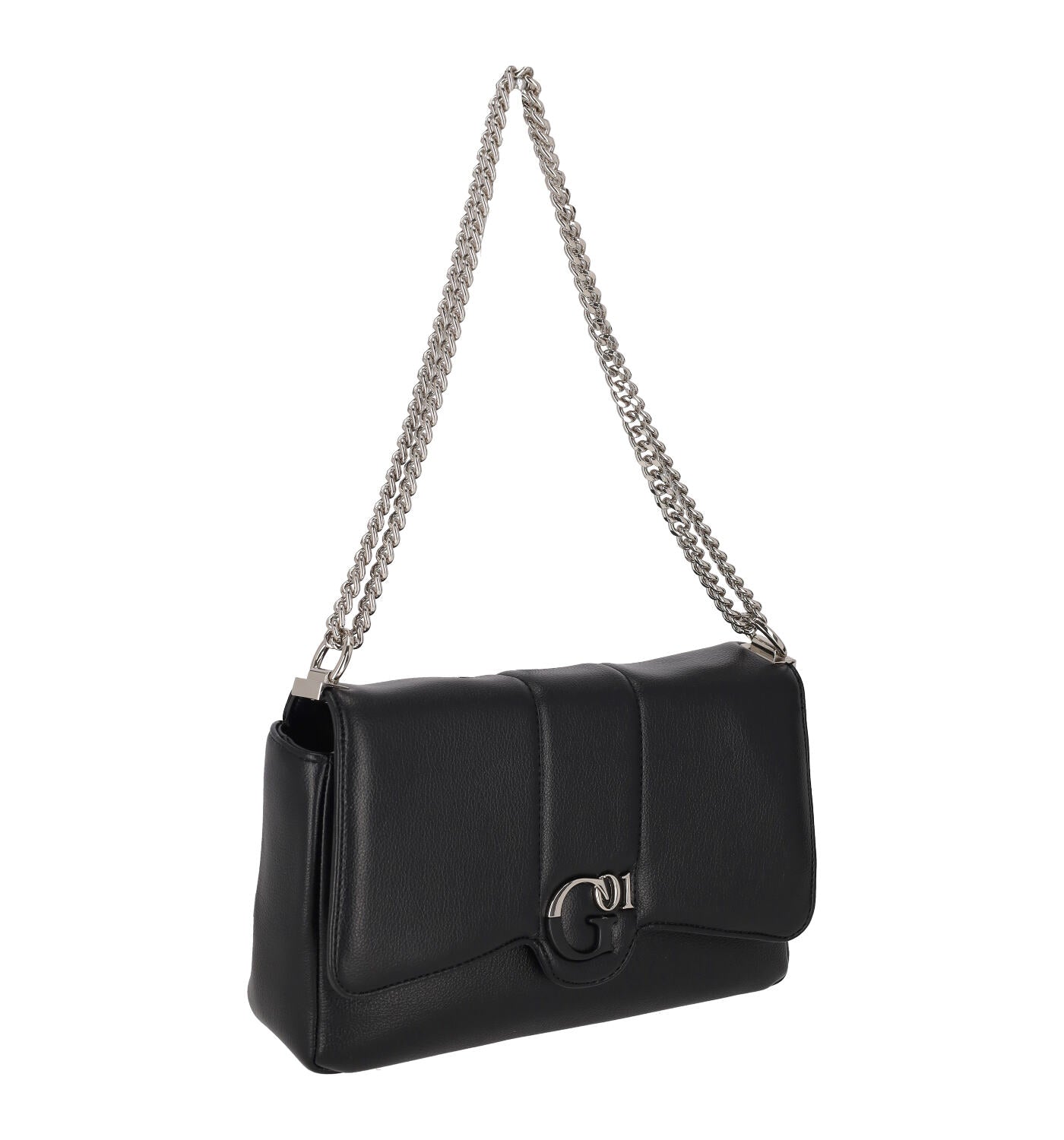 Tracolla grande con doppia catena regolabile , patta con chiusura magnetica e logo argento sul davanti.