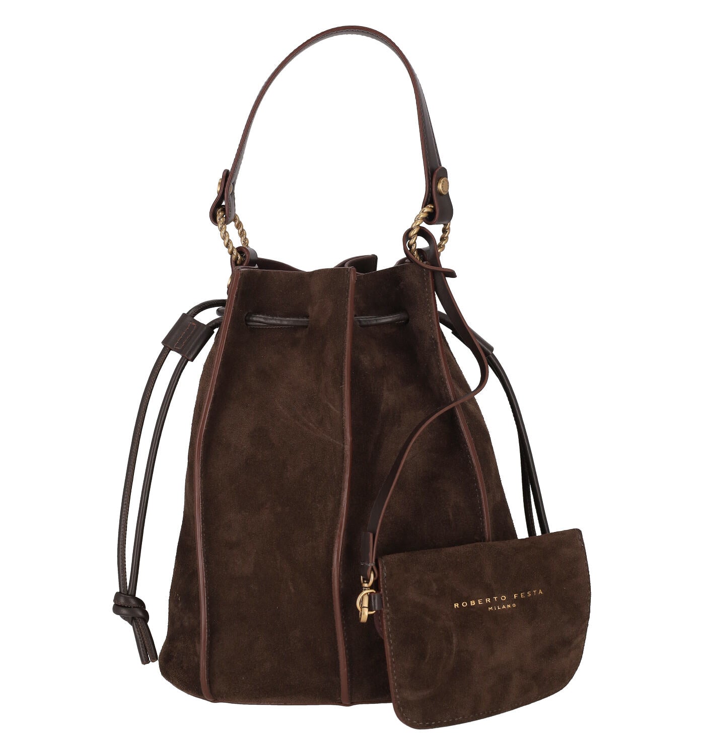 Borsa secchiello in camoscio con riporti e manico in pelle , tracolla lunga removibile.