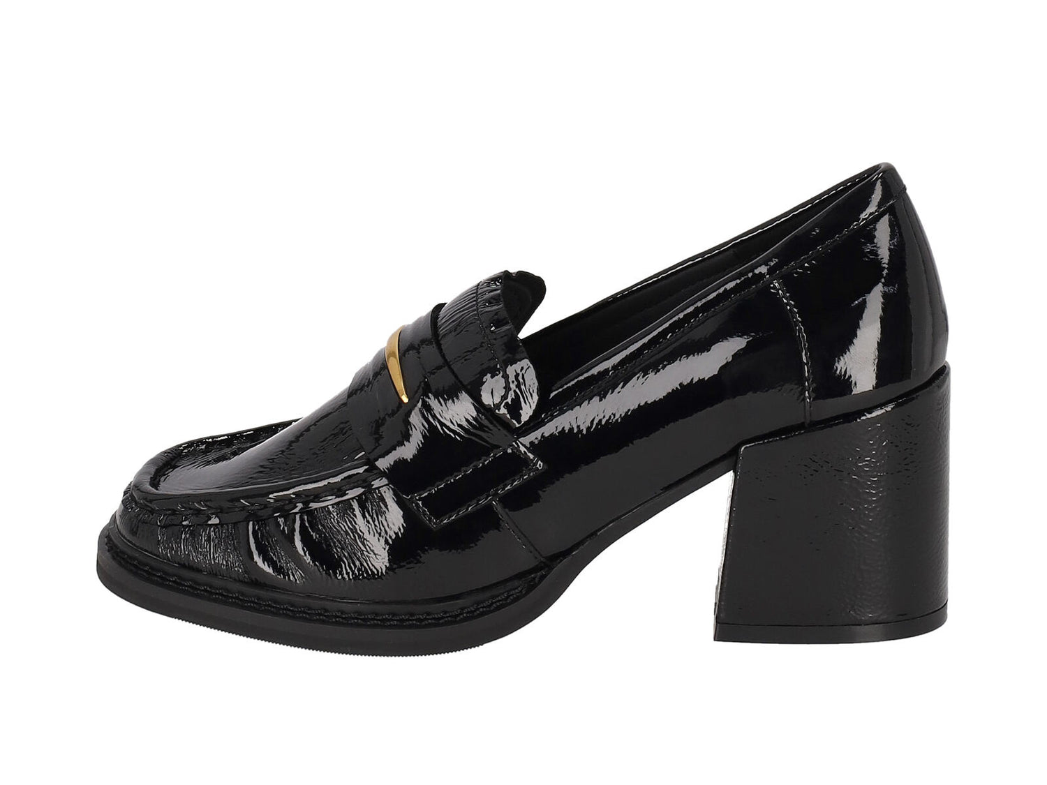 Decollètè mocassino in naplak con morsetto oro , tacco largo altezza 6 cm .