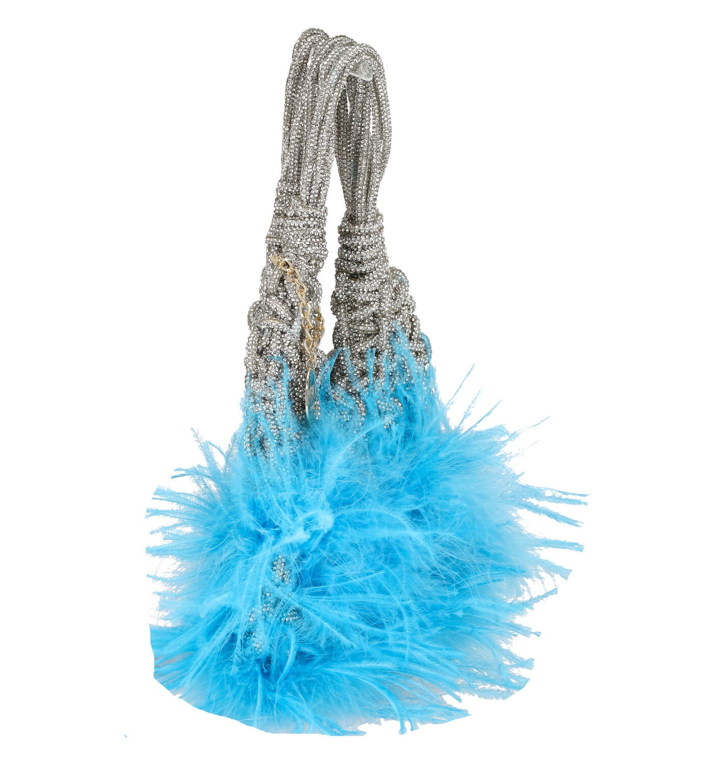 Borsa a mano intrecciata con strass e piume