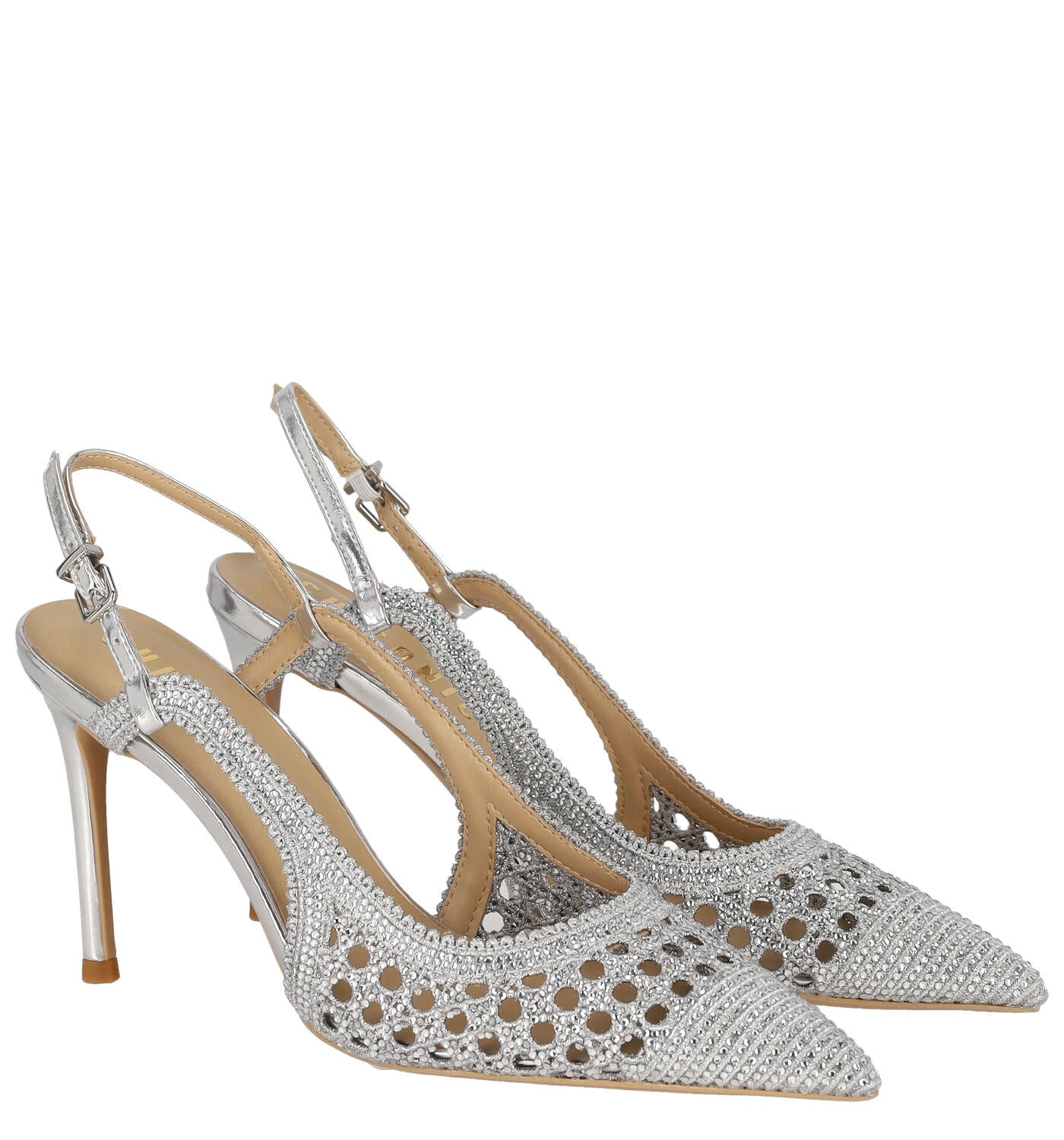 Chanel traforato in tessuto e strass, tacco alto 9 cm