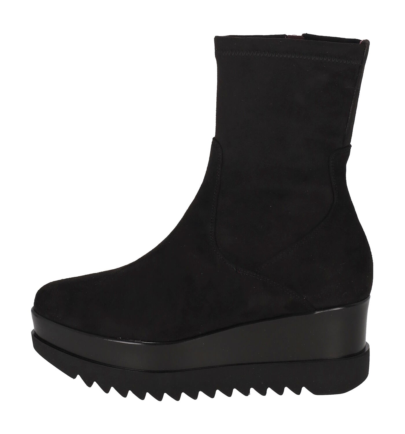 Tronchetto in camoscio con zip a lato zeppa altezza 6 cm .