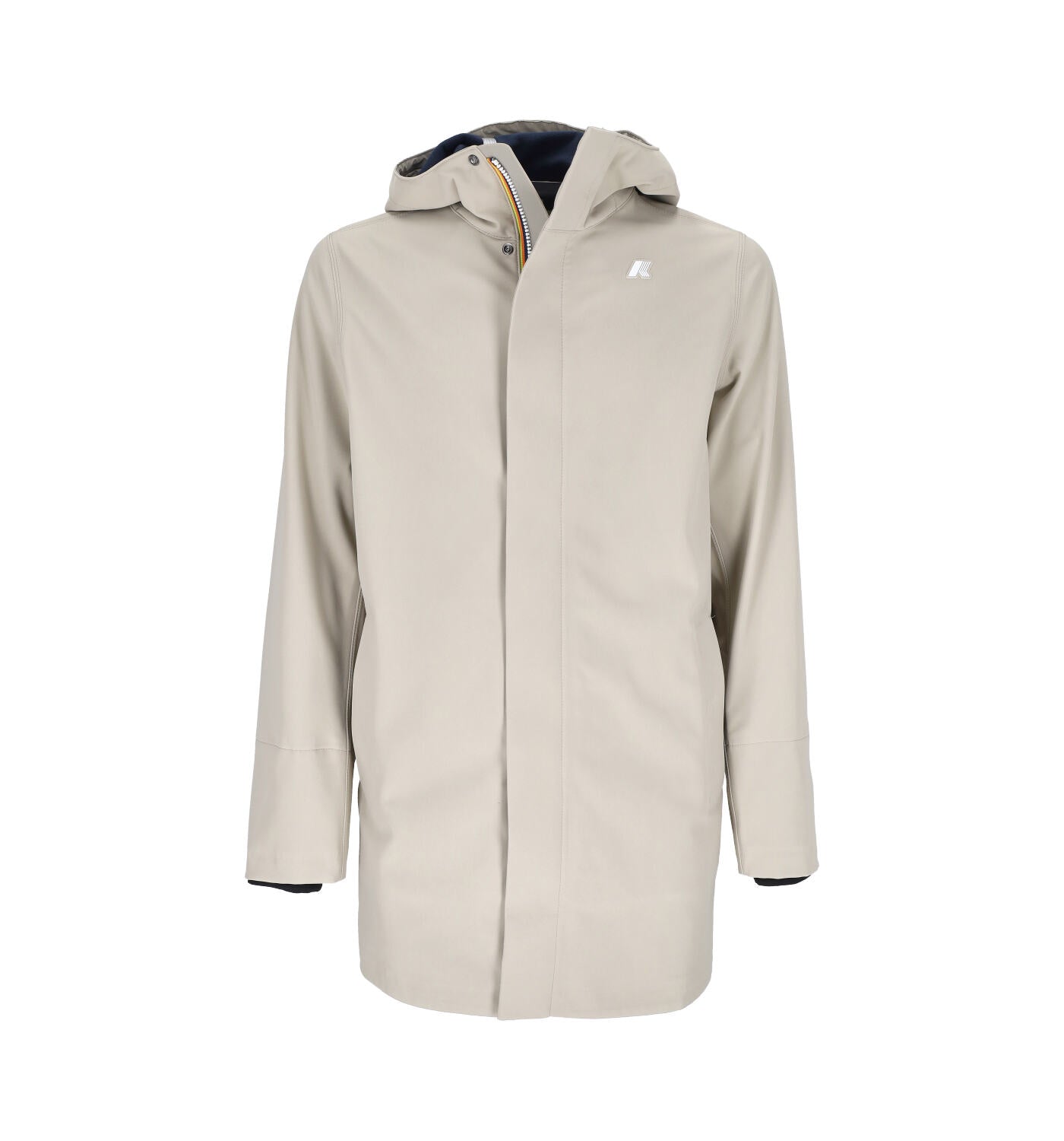 Giacca 3/4 con cappuccio , chiusura con zip .