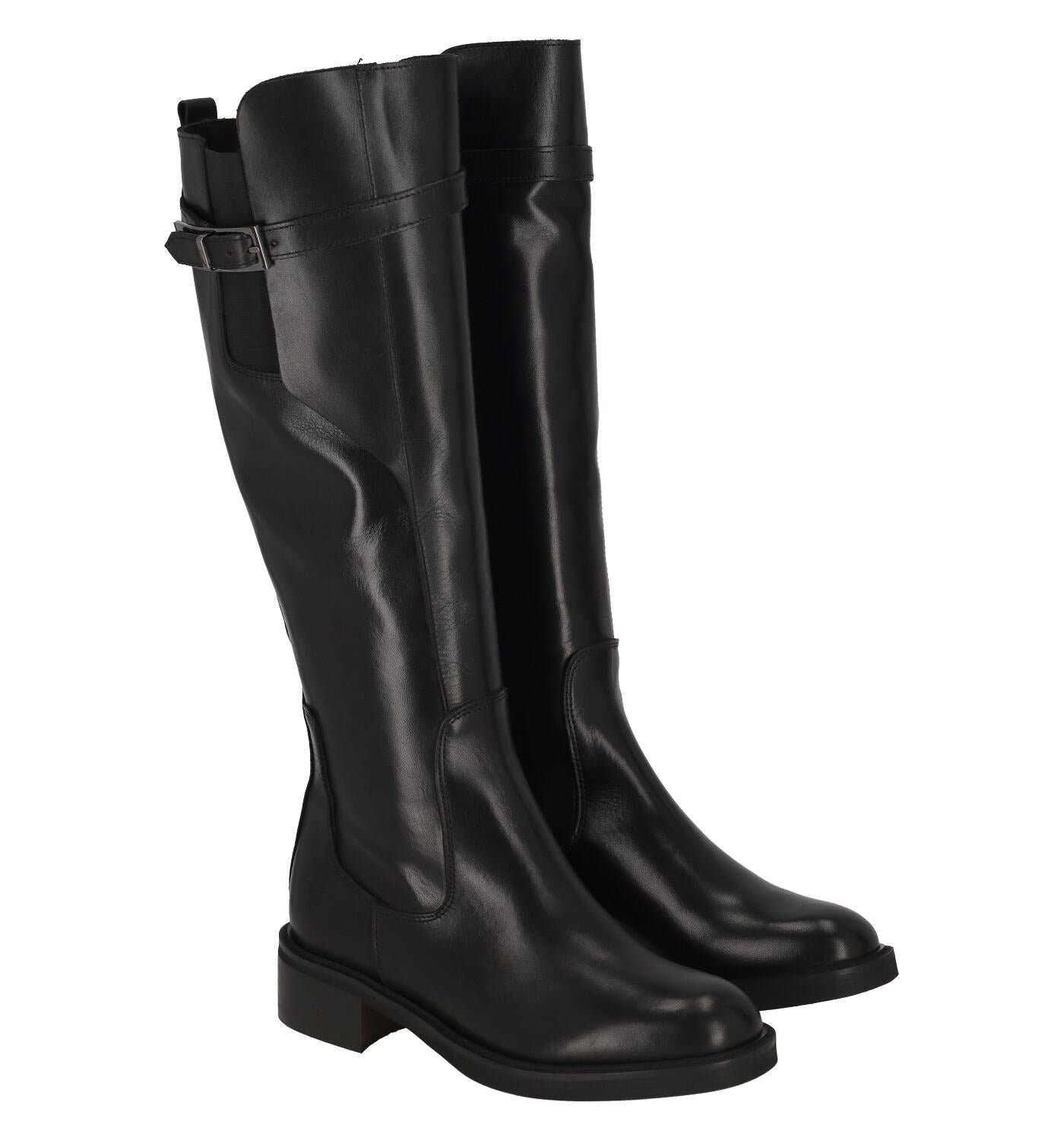 Stivale in pelle con elastico e fibbia sul polpaccio , tacco altezza 4 cm .