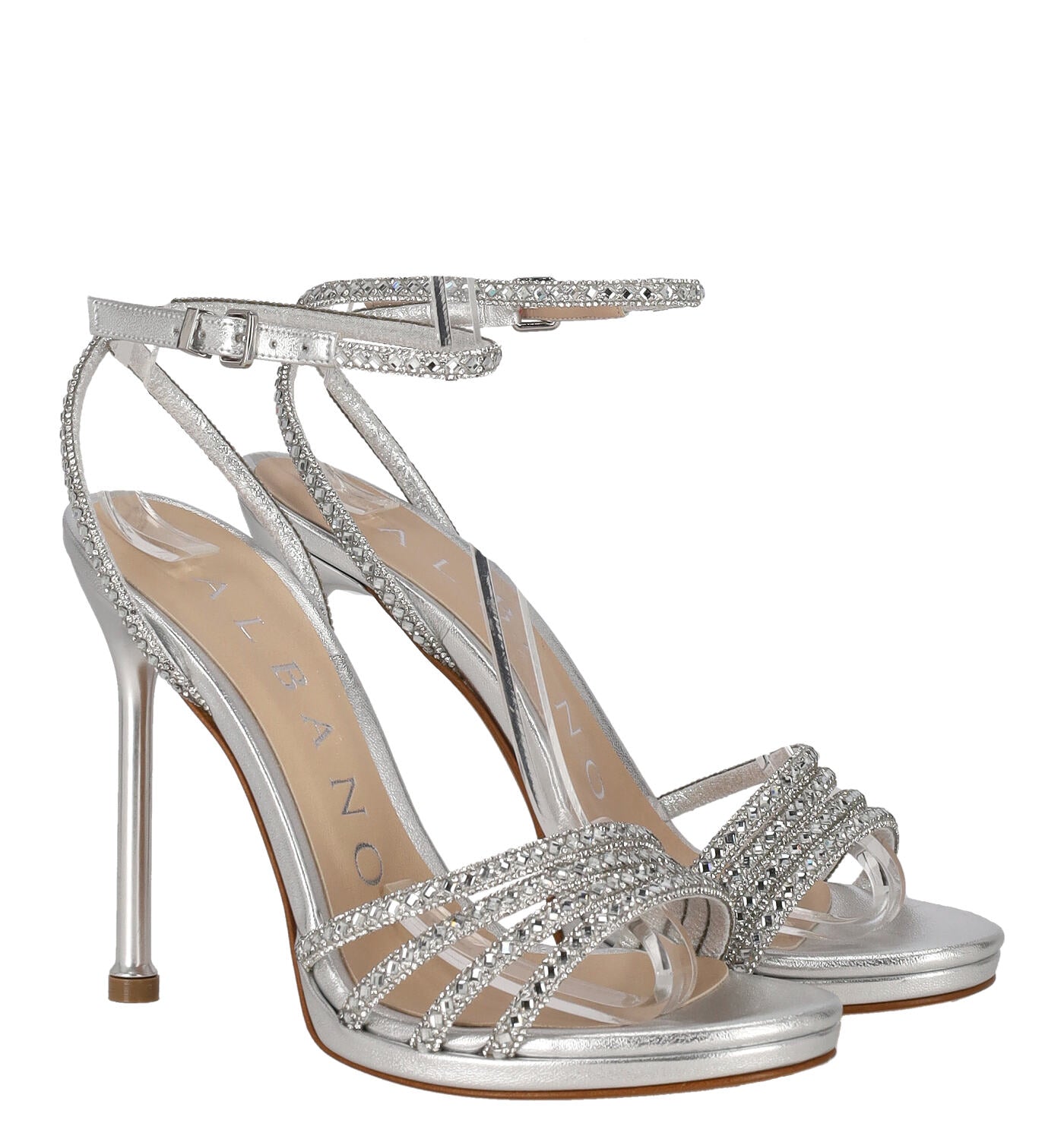Sandalo soft metal fascette con strass, tacco alto 10 cm