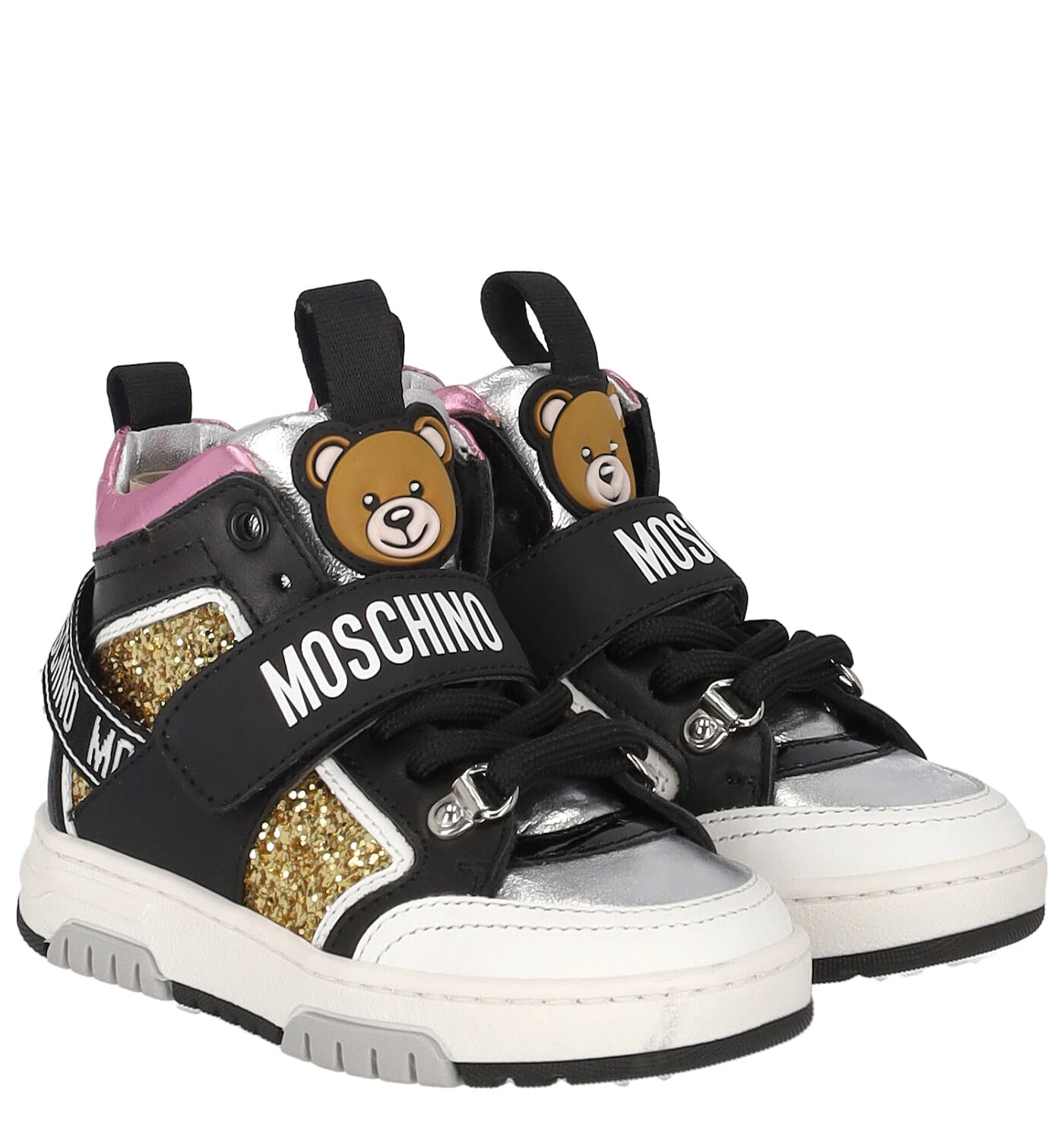 Sneaker in pelle e riporti glitter con strappi e lacci