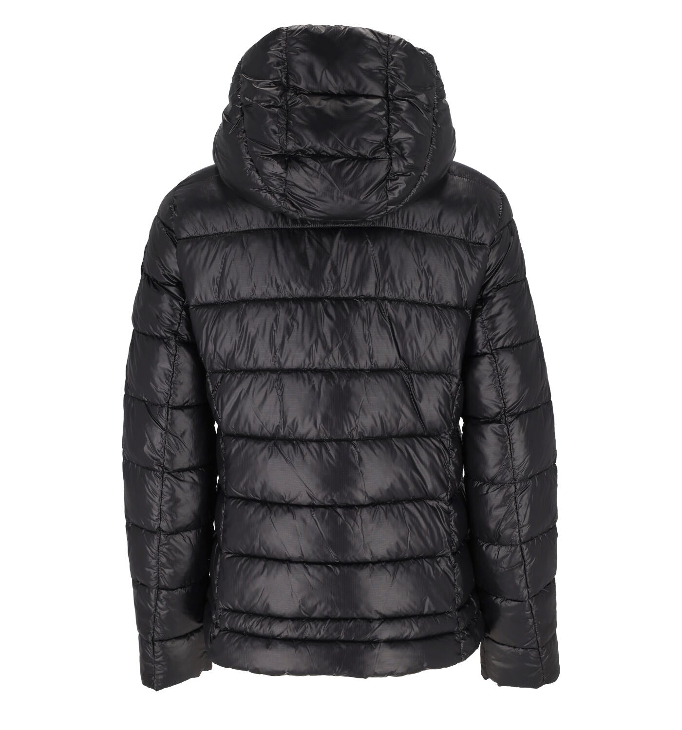 Giubbino corto con cappuccio , stemma sul braccio removibile , imbottitura in piuma d'oca .