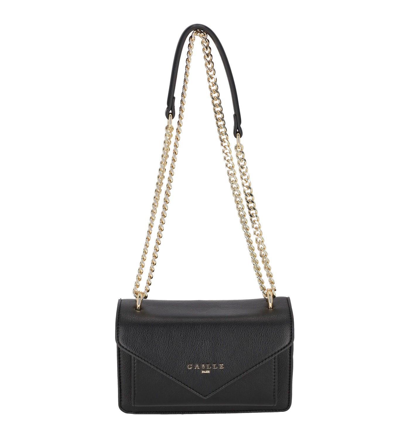 Tracolla con doppia catena regolabile oro , logo sul davanti oro , chiusura con bottone.