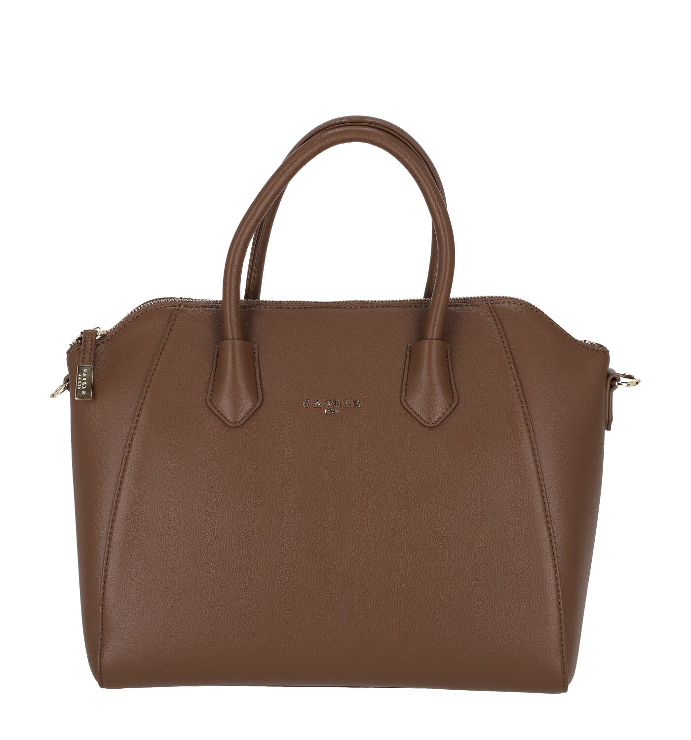 Borsa bauletto con manico corto, chiusura zip e tracolla removibile.