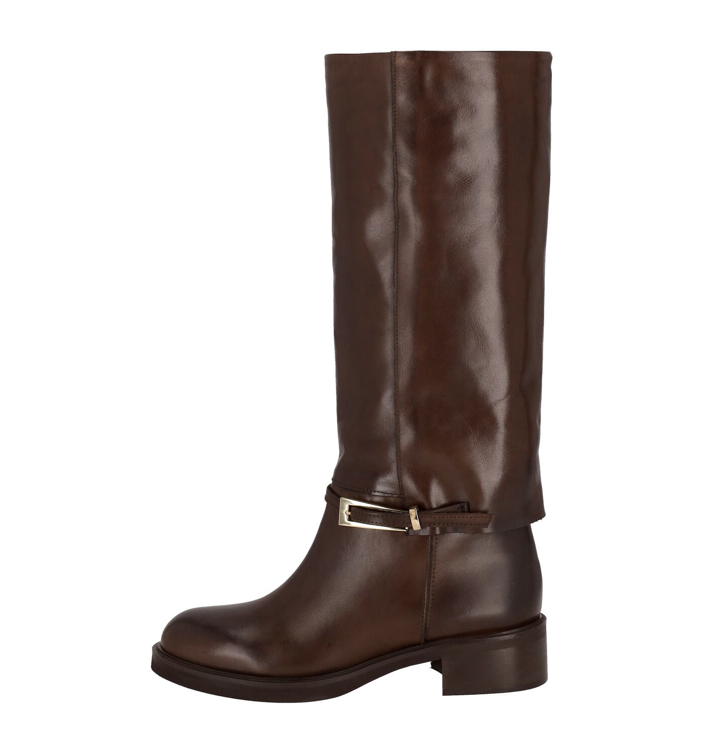 Stivale in pelle con finto risvolto e fibbia alla caviglia , tacco altezza 4 cm.