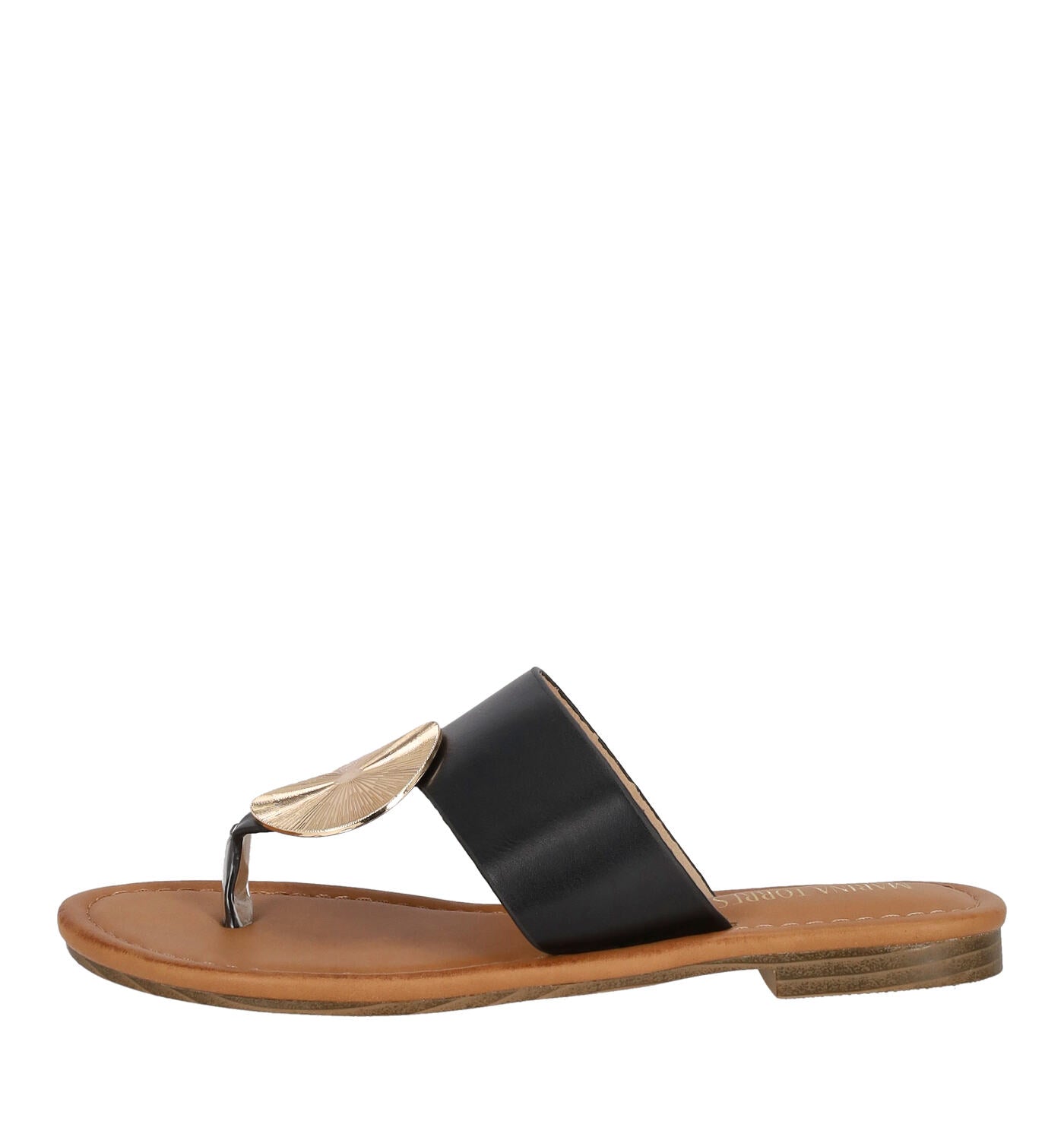 Scalzato infradito una fascia con cerchio oro, tacco alto 2 cm