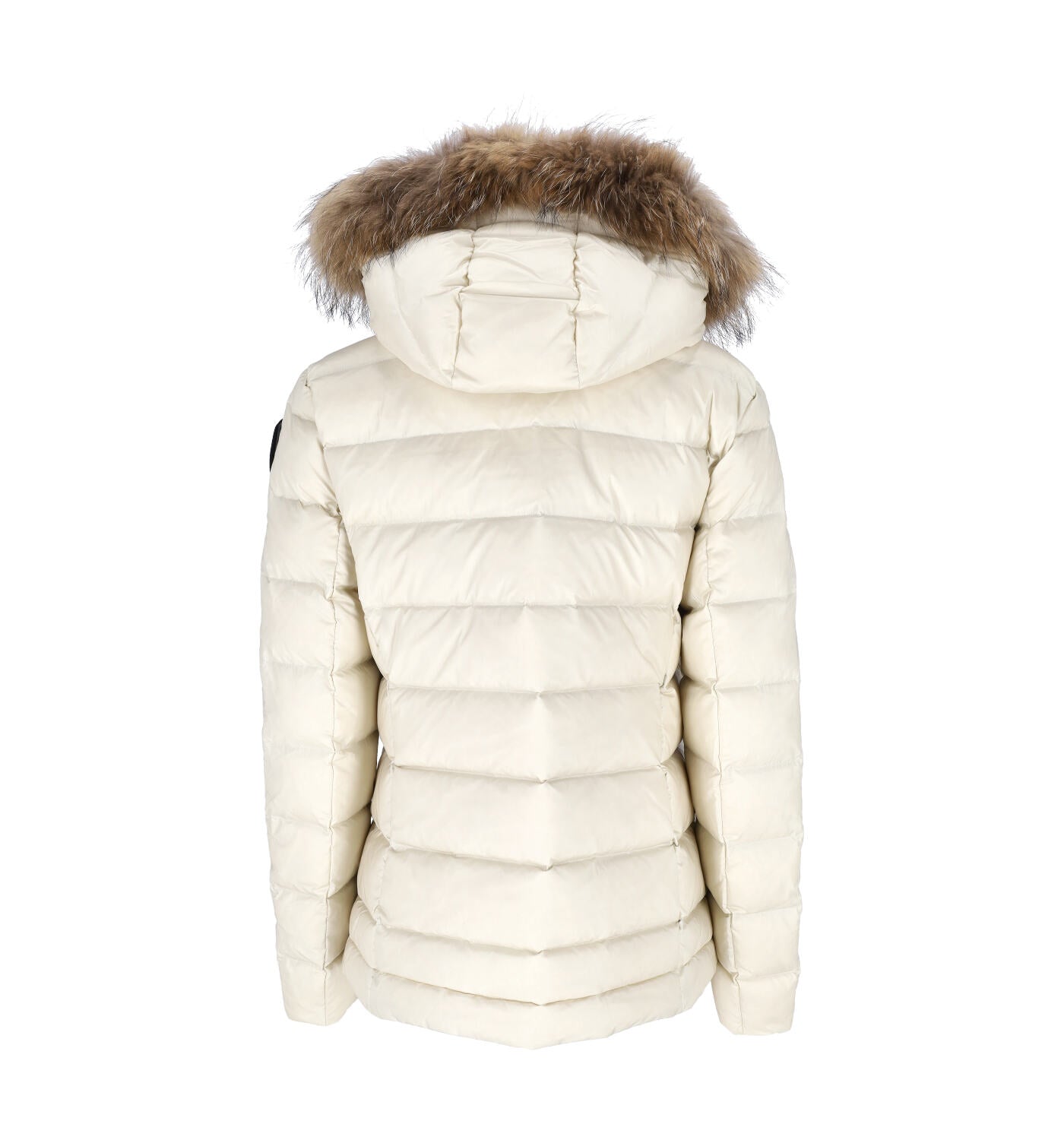 Giubbino conrto con chiusura zip , cappuccio con pelliccia . Logo sul braccio.