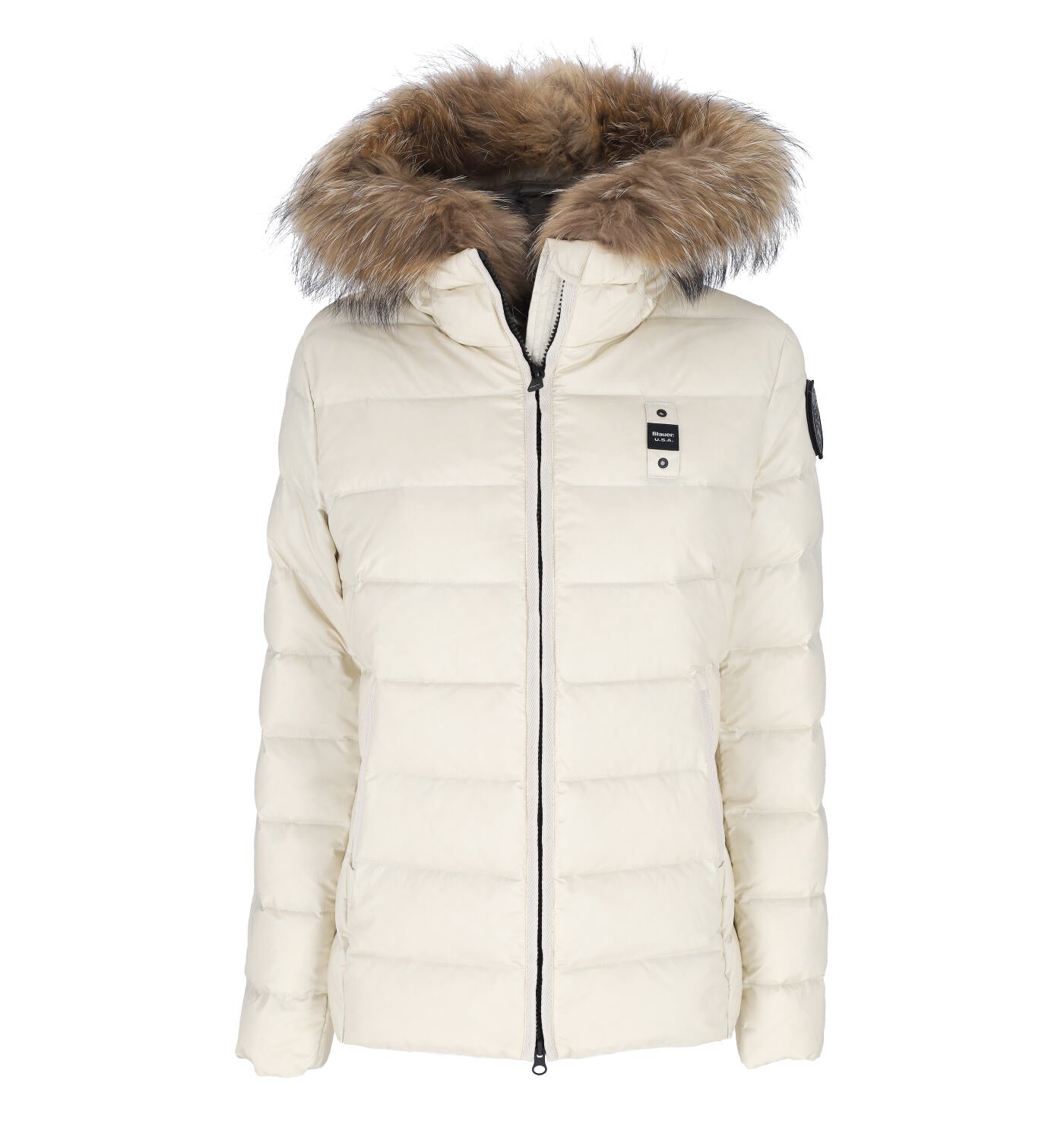 Giubbino conrto con chiusura zip , cappuccio con pelliccia . Logo sul braccio.