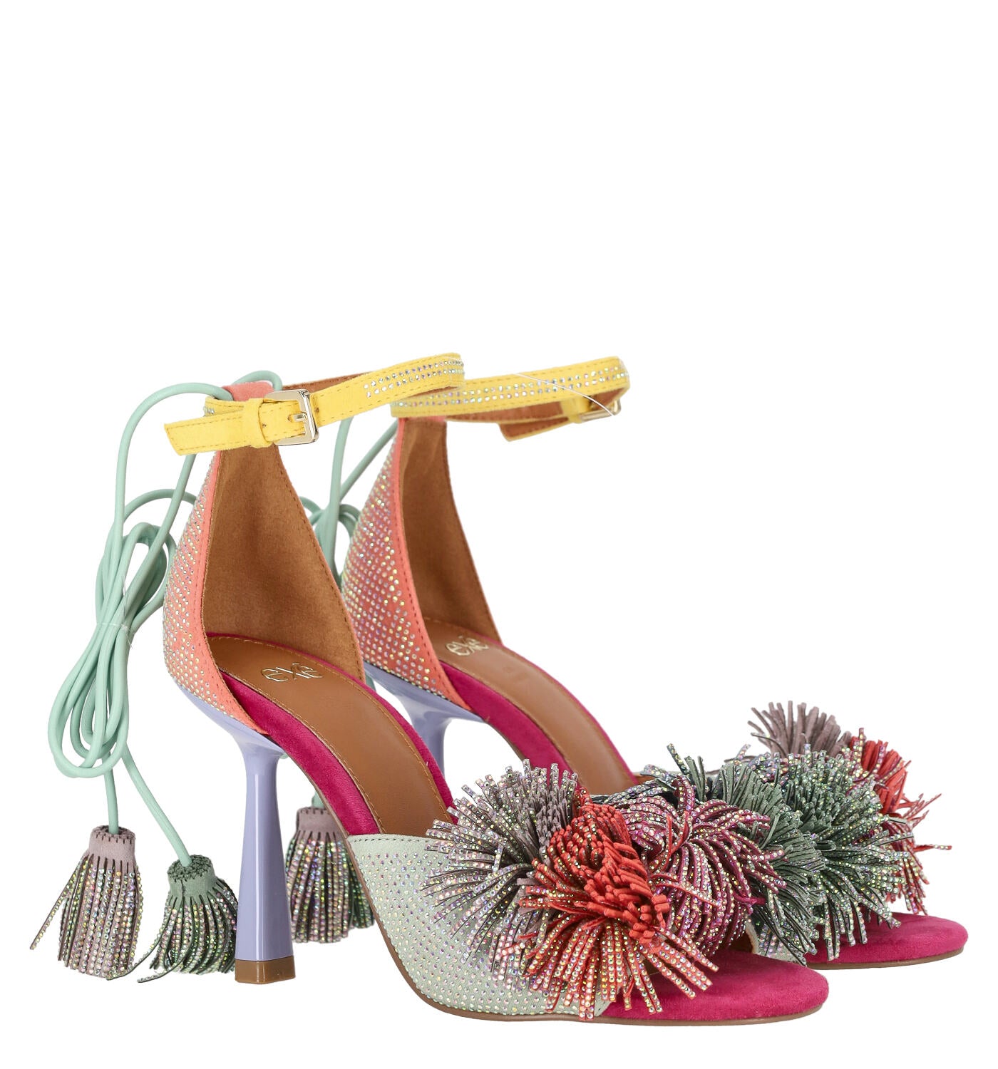 Sandalo con pon pon e strass lacci schiava, tacco alto 9 cm JENIFER
