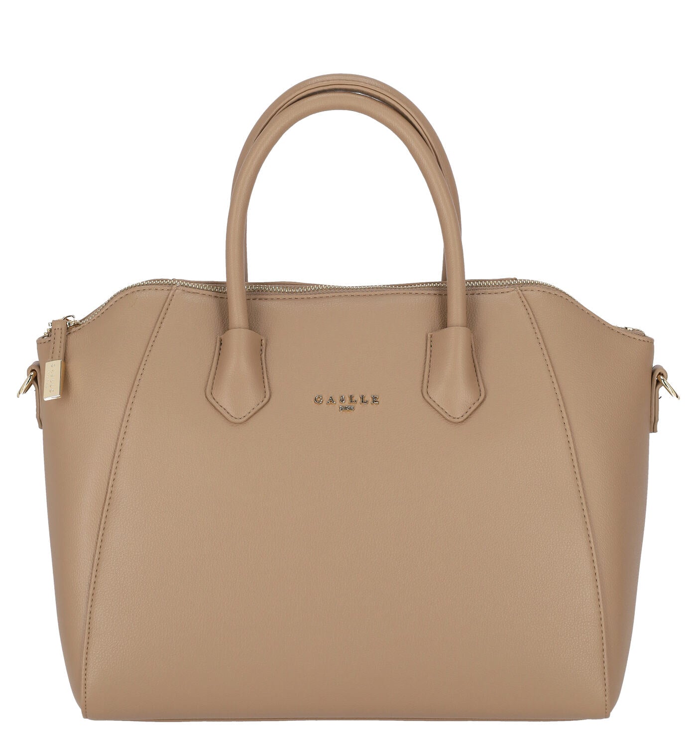 Borsa bauletto con manico corto, chiusura zip e tracolla removibile.